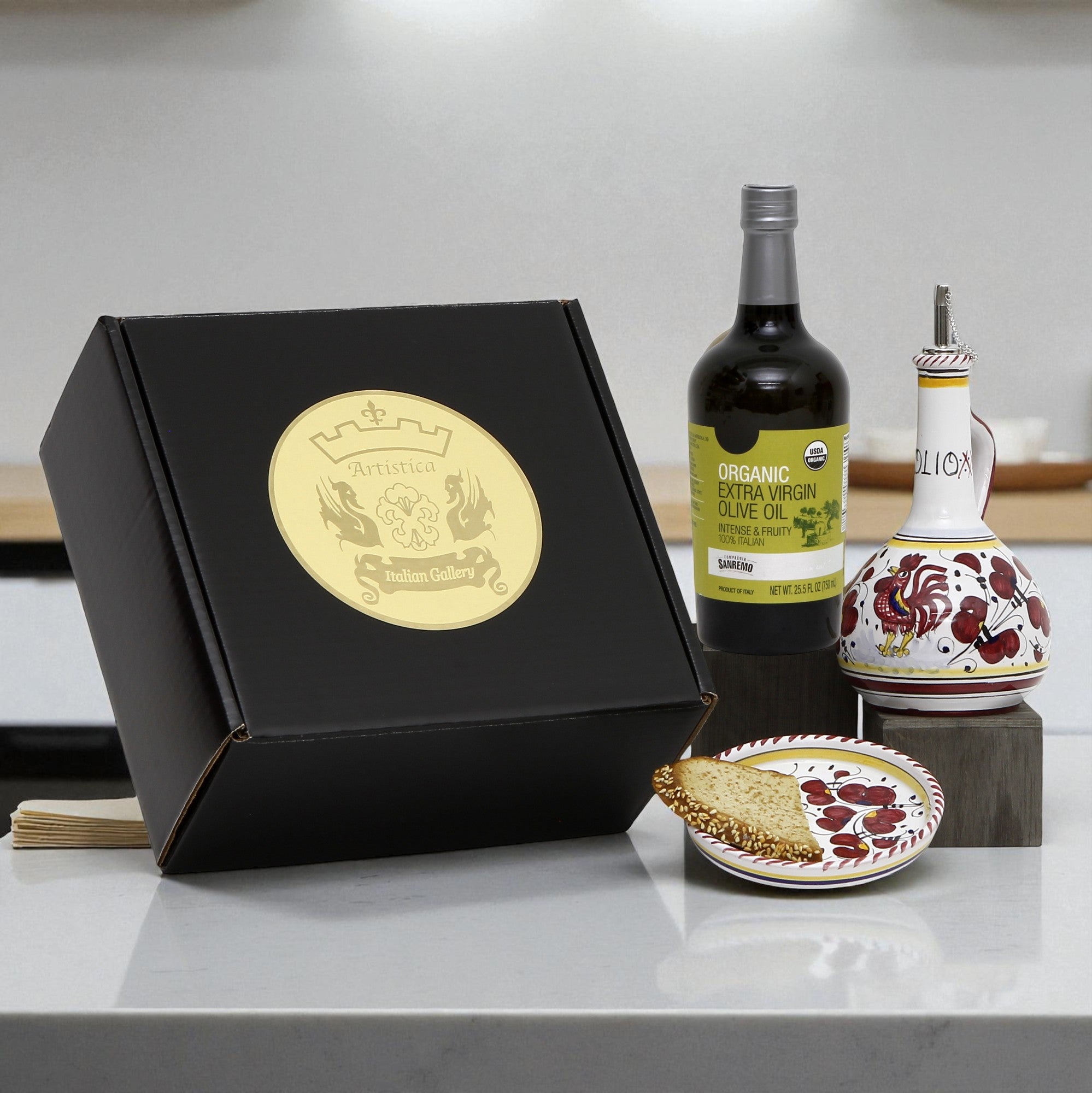 GIFT BOX: With Deruta Olive Oil Dispenser + Saucer/Dipping Bowl + EVOO bottle - RED ROOSTER design