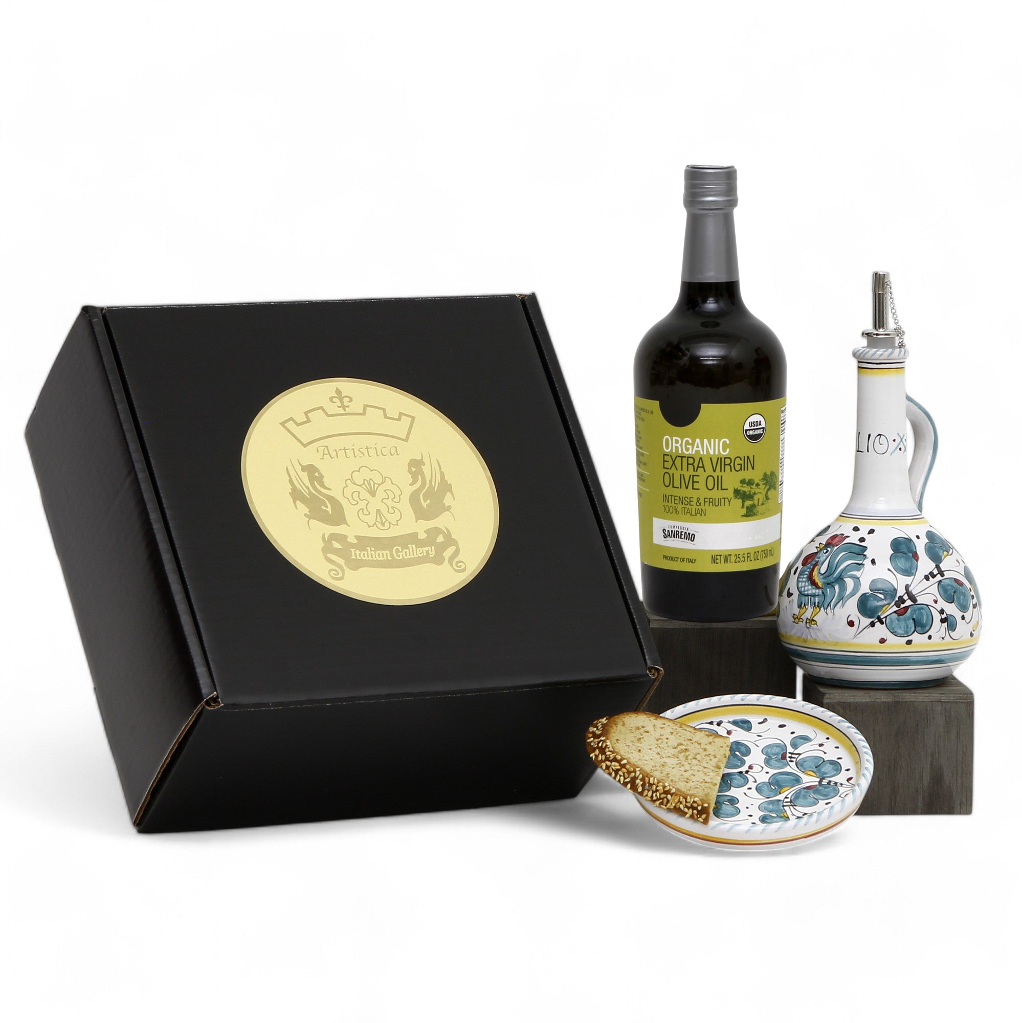 GIFT BOX: With Deruta Olive Oil Dispenser + Saucer/Dipping Bowl + EVOO bottle - GREEN ROOSTER design