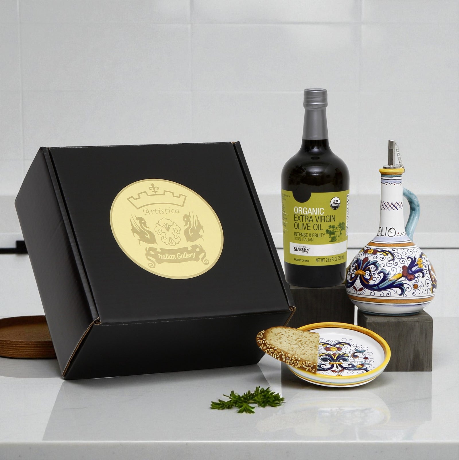 GIFT BOX: With Deruta Olive Oil Dispenser + Saucer/Dipping Bowl + EVOO bottle - RICCO DERUTA design