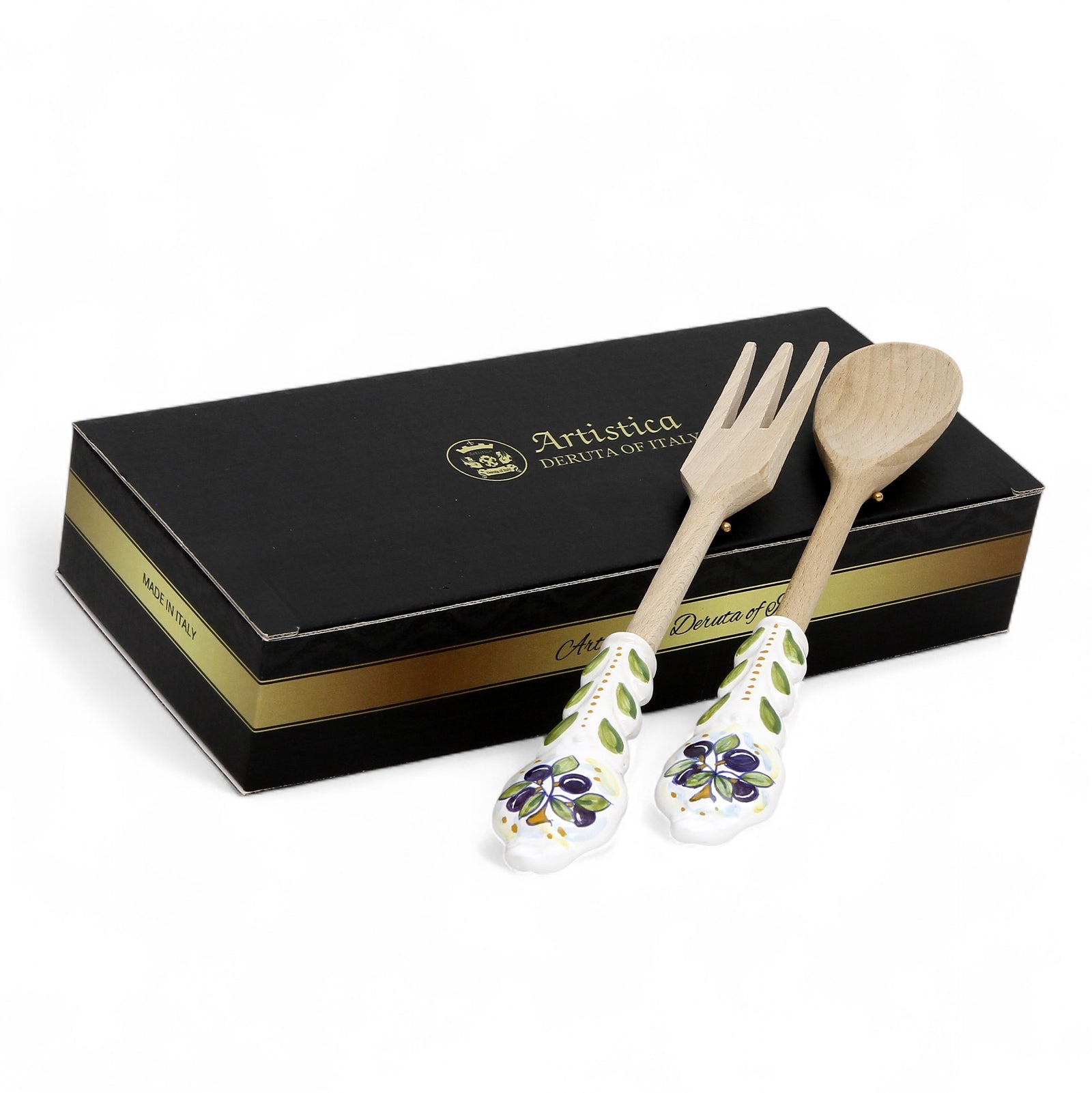 GIFT BOX: Deruta Ceramic and Hard Wood Serving Utensils Set - Olive Design
