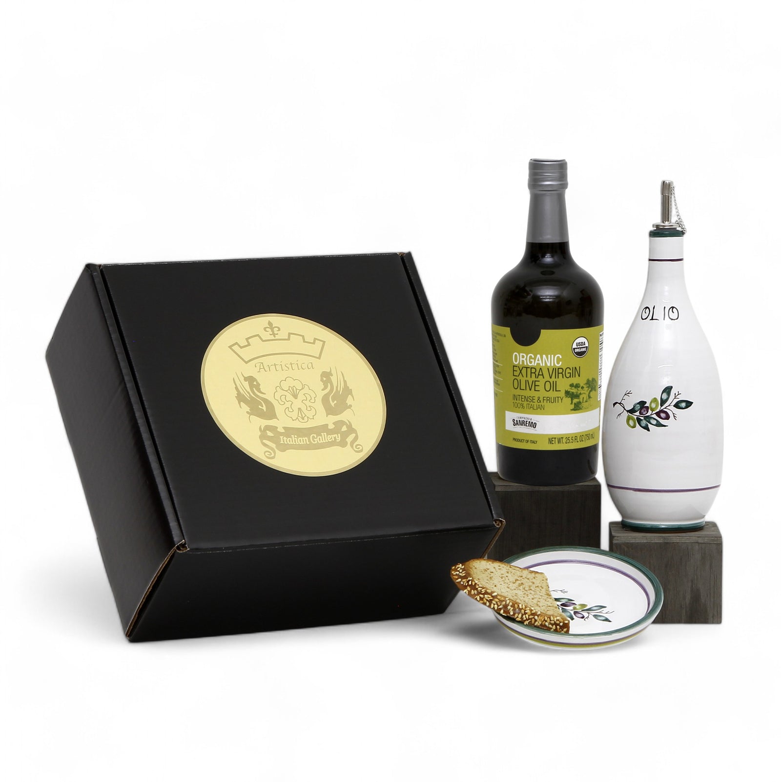 GIFT BOX: With Deruta Olive Oil Dispenser + Saucer/Dipping Bowl + EVOO bottle - OLIVE design