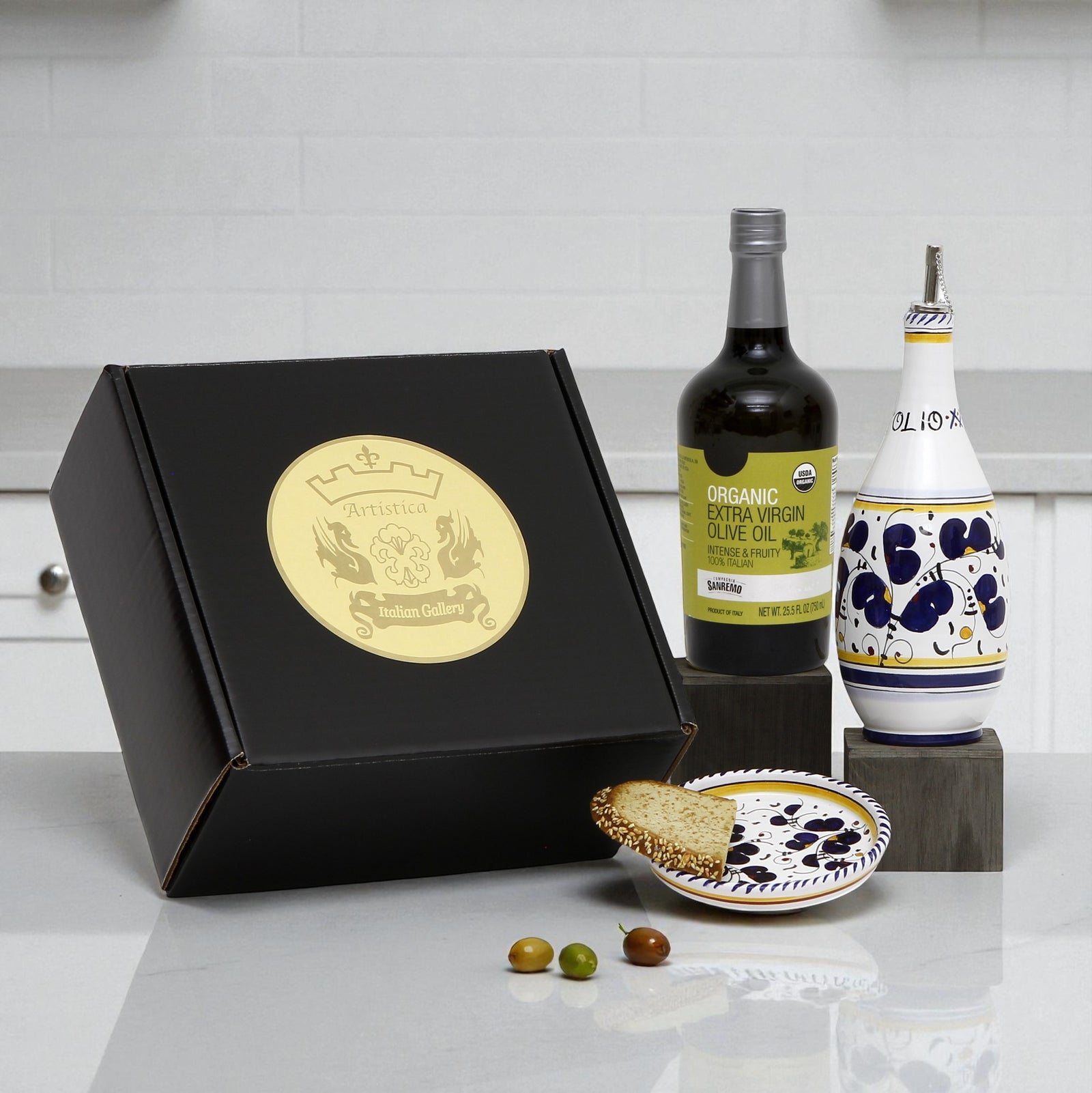 GIFT BOX: With Deruta Olive Oil Dispenser + Saucer/Dipping Bowl + EVOO bottle - ORVIETO BLUE  design