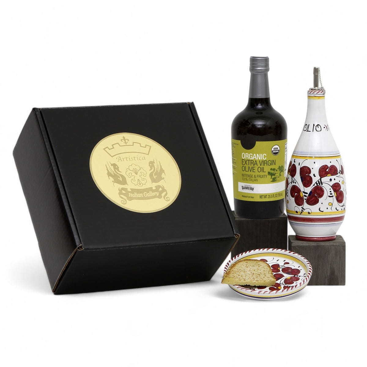 GIFT BOX: With Deruta Olive Oil Dispenser + Saucer/Dipping Bowl + EVOO bottle - ORVIETO RED  design