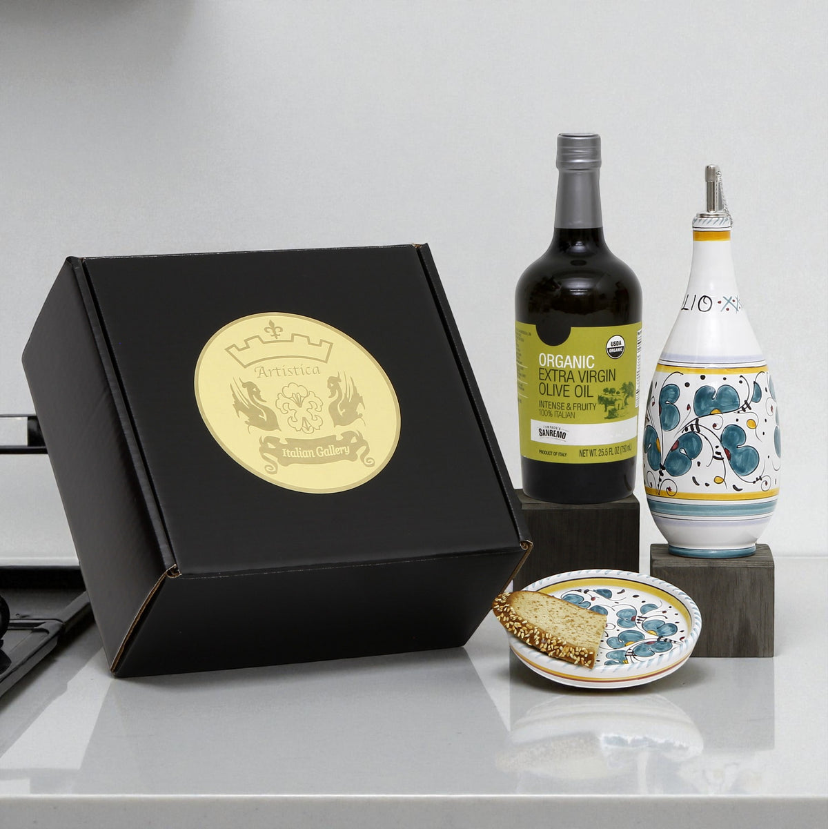 GIFT BOX: With Deruta Olive Oil Dispenser + Saucer/Dipping Bowl + EVOO bottle - ORVIETO GREEN design