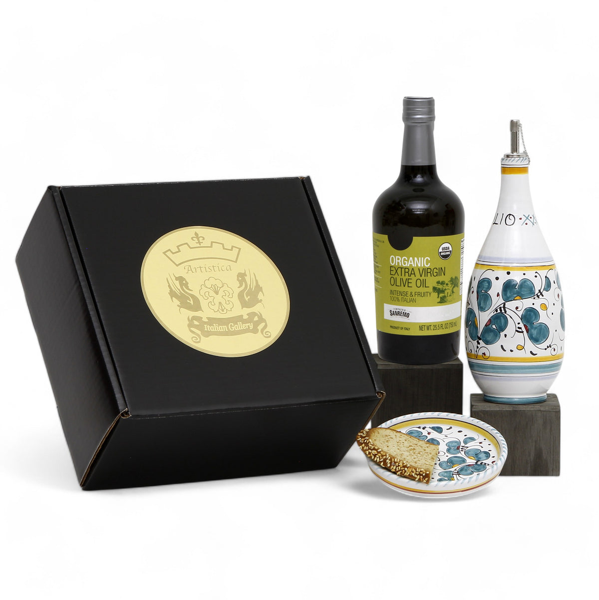 GIFT BOX: With Deruta Olive Oil Dispenser + Saucer/Dipping Bowl + EVOO bottle - ORVIETO GREEN design