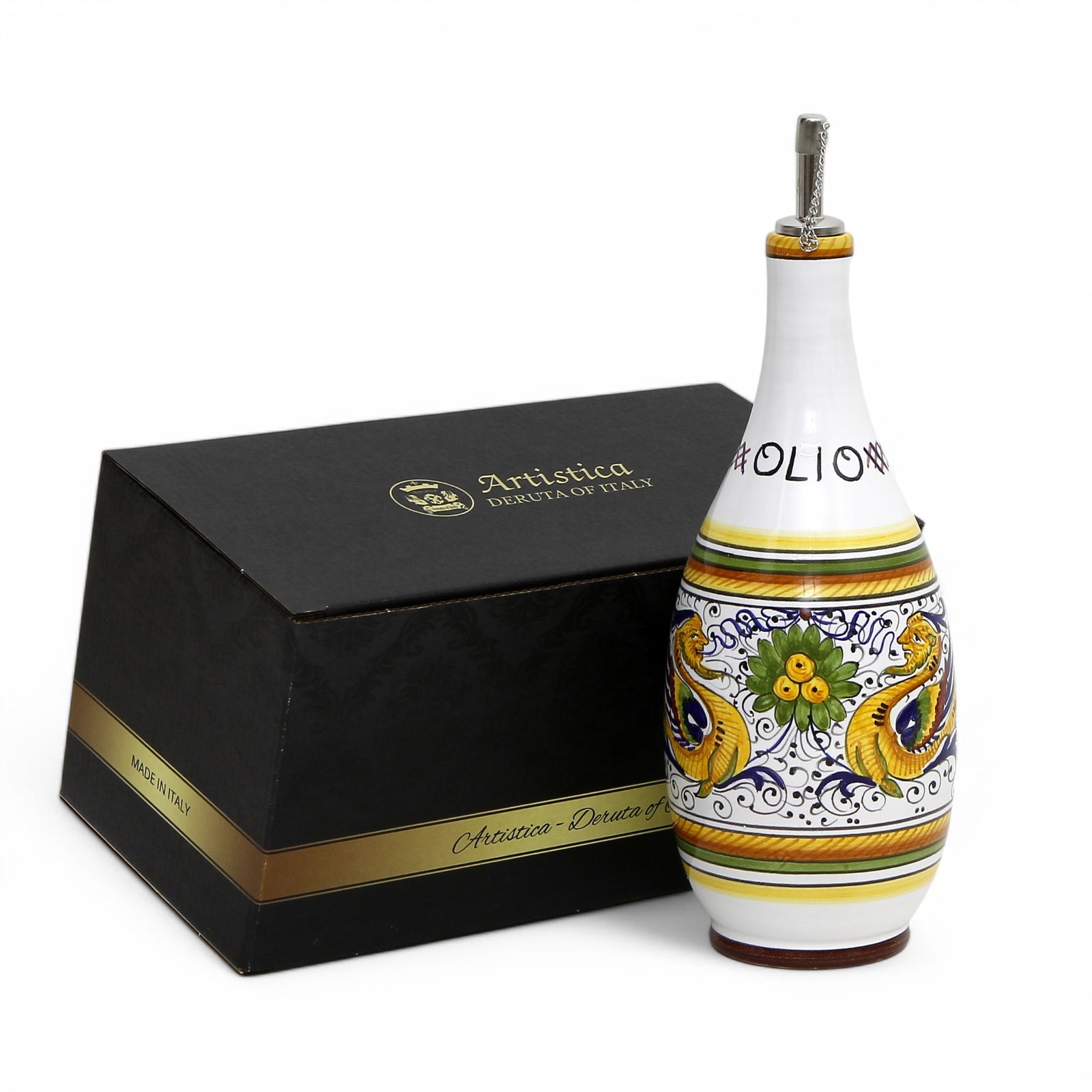 GIFT BOX: With authentic Deruta hand painted ceramic - OLIVE OIL DISPENSER BOTTLE RAFFAELLESCO