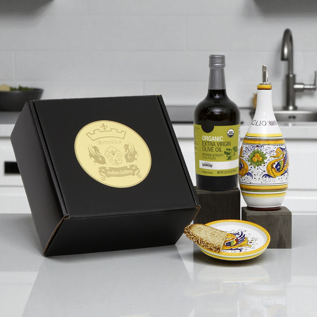 GIFT BOX: With Deruta Olive Oil Dispenser + Saucer/Dipping Bowl + EVOO bottle - RAFFAELLESCO design