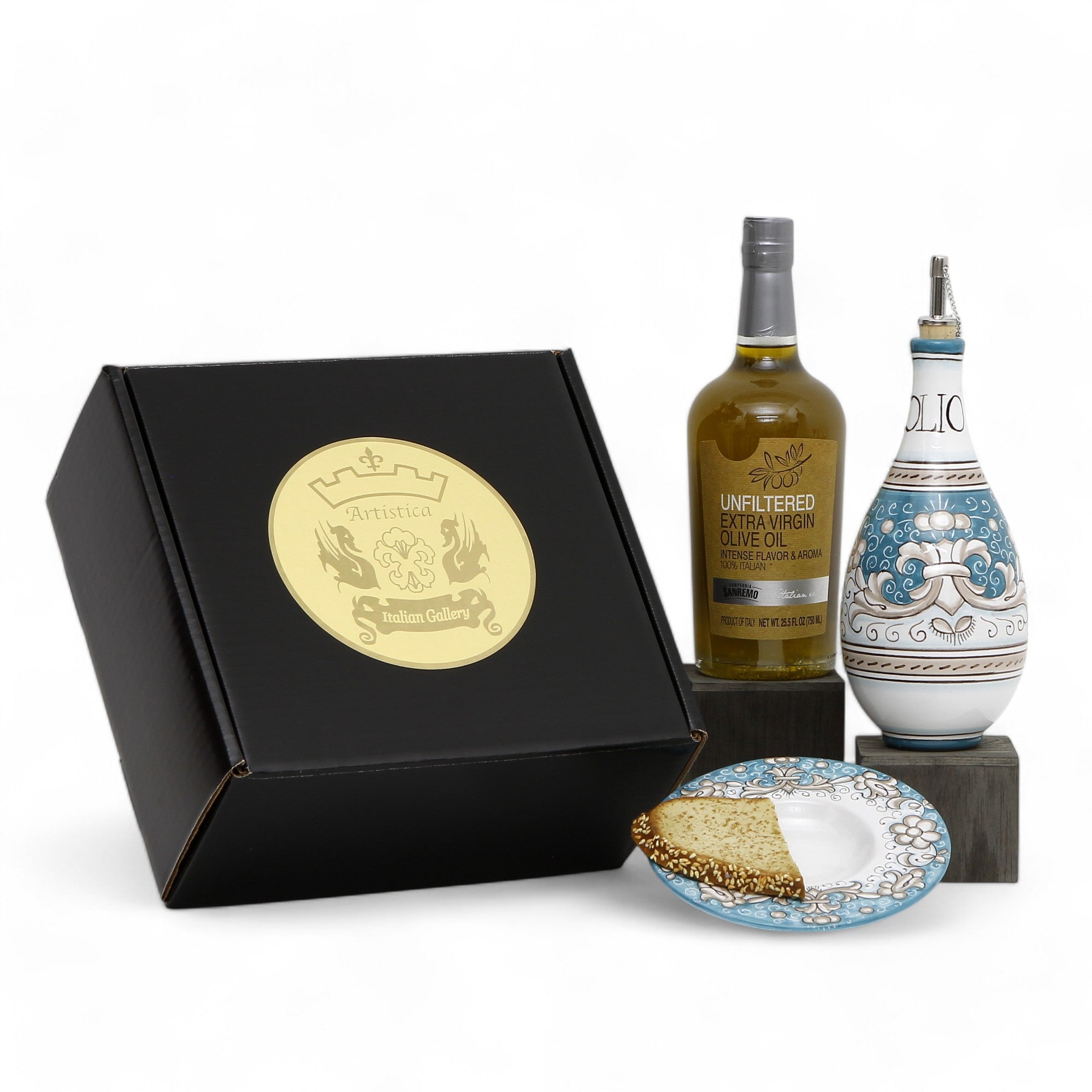 GIFT BOX: With Deruta Olive Oil Dispenser + Saucer/Dipping Bowl + EVOO bottle - DERUTA VARIO AQUA TEAL design