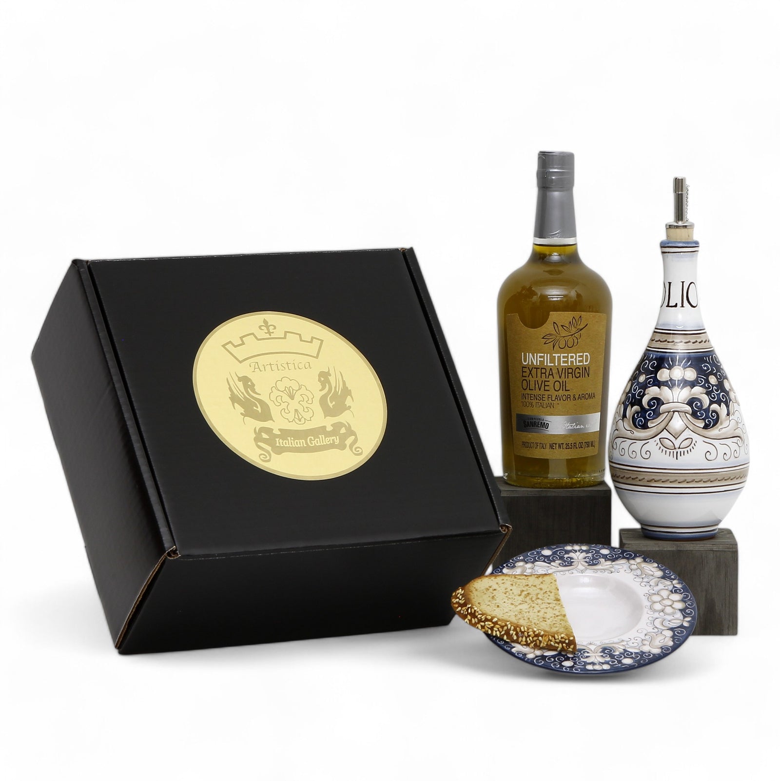 GIFT BOX: With Deruta Olive Oil Dispenser + Saucer/Dipping Bowl + EVOO bottle - DERUTA VARIO BLUE design