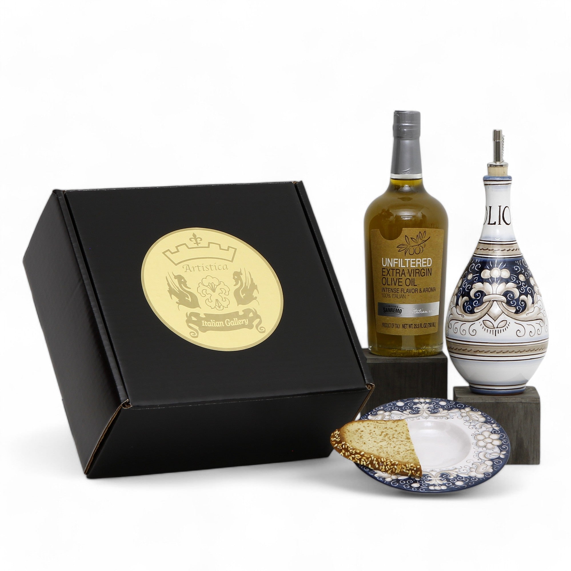 GIFT BOX: With Deruta Olive Oil Dispenser + Saucer/Dipping Bowl + EVOO bottle - DERUTA VARIO BLUE design