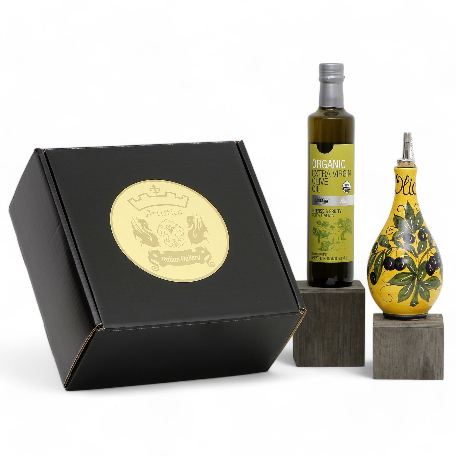 GIFT BOX: With Deruta Olive Oil Dispenser + EVOO bottle - OLIVE FONDO GIALLO Design
