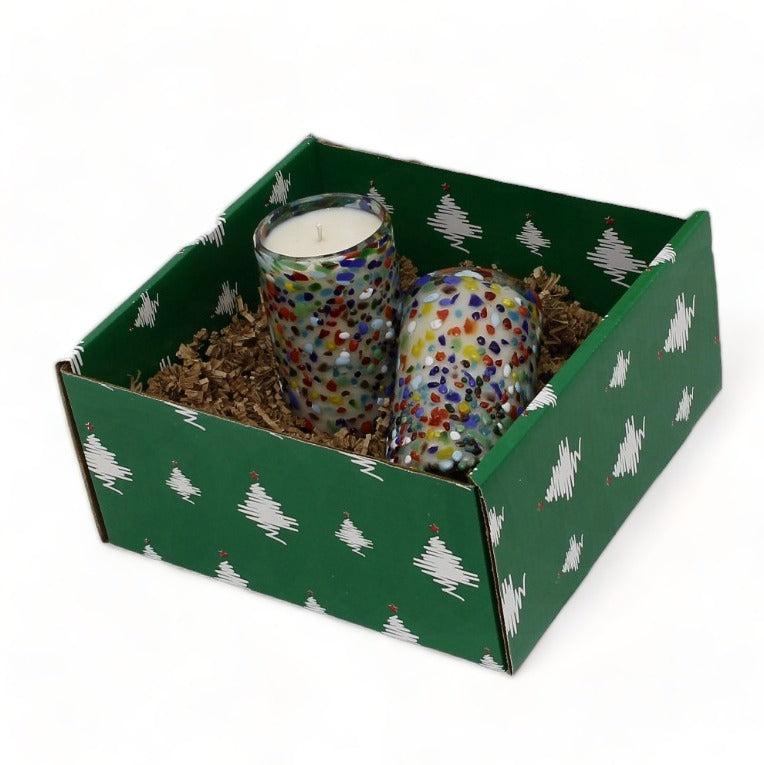 GIFT BOX CHRISTMAS: Green Gift Box with Murano Glass Candles LG. 14 Oz  (Set of 2 pcs)