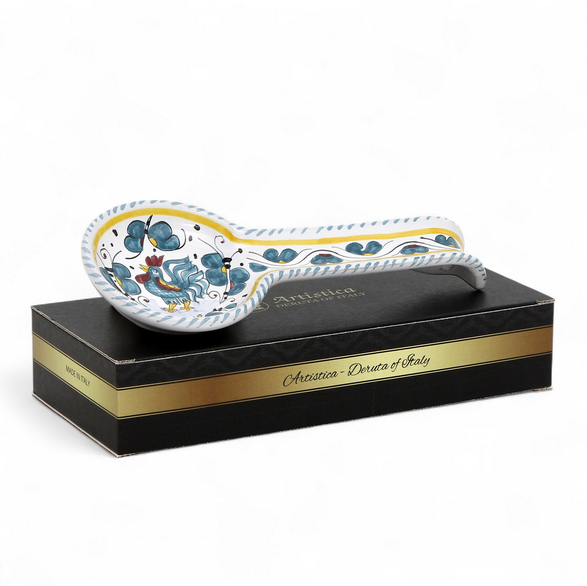 GIFT BOX: With authentic Deruta hand painted ceramic - ORVIETO GREEN ROOSTER: Spoon rest