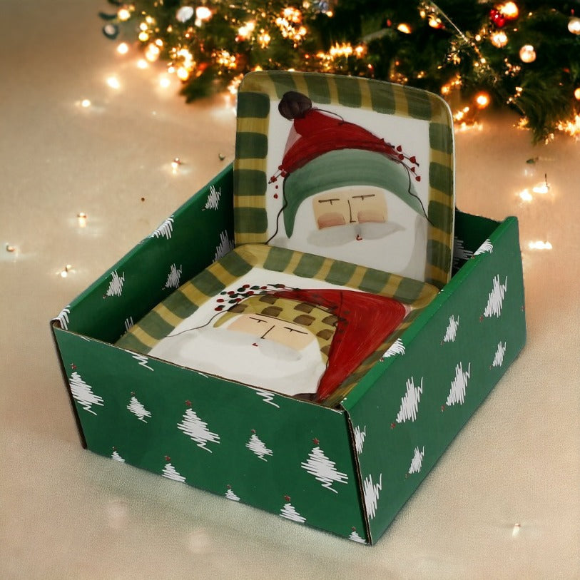 GIFT BOX CHRISTMAS: Green Gift Box with VIETRI Old St Nick Square Plates (Set of 4 pcs)