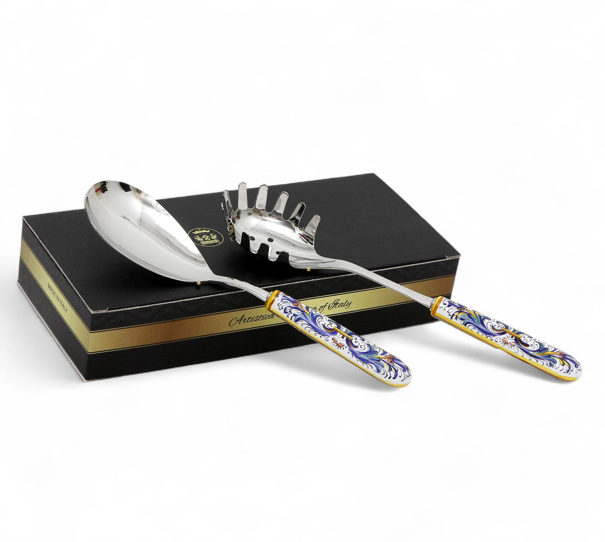 GIFT BOX: Ceramic Handle Serving Utensils Set - Spaghetti Tong and Risotto Spoon Ladle with 18/10 stainless steel cutlery - Ricco Deruta design