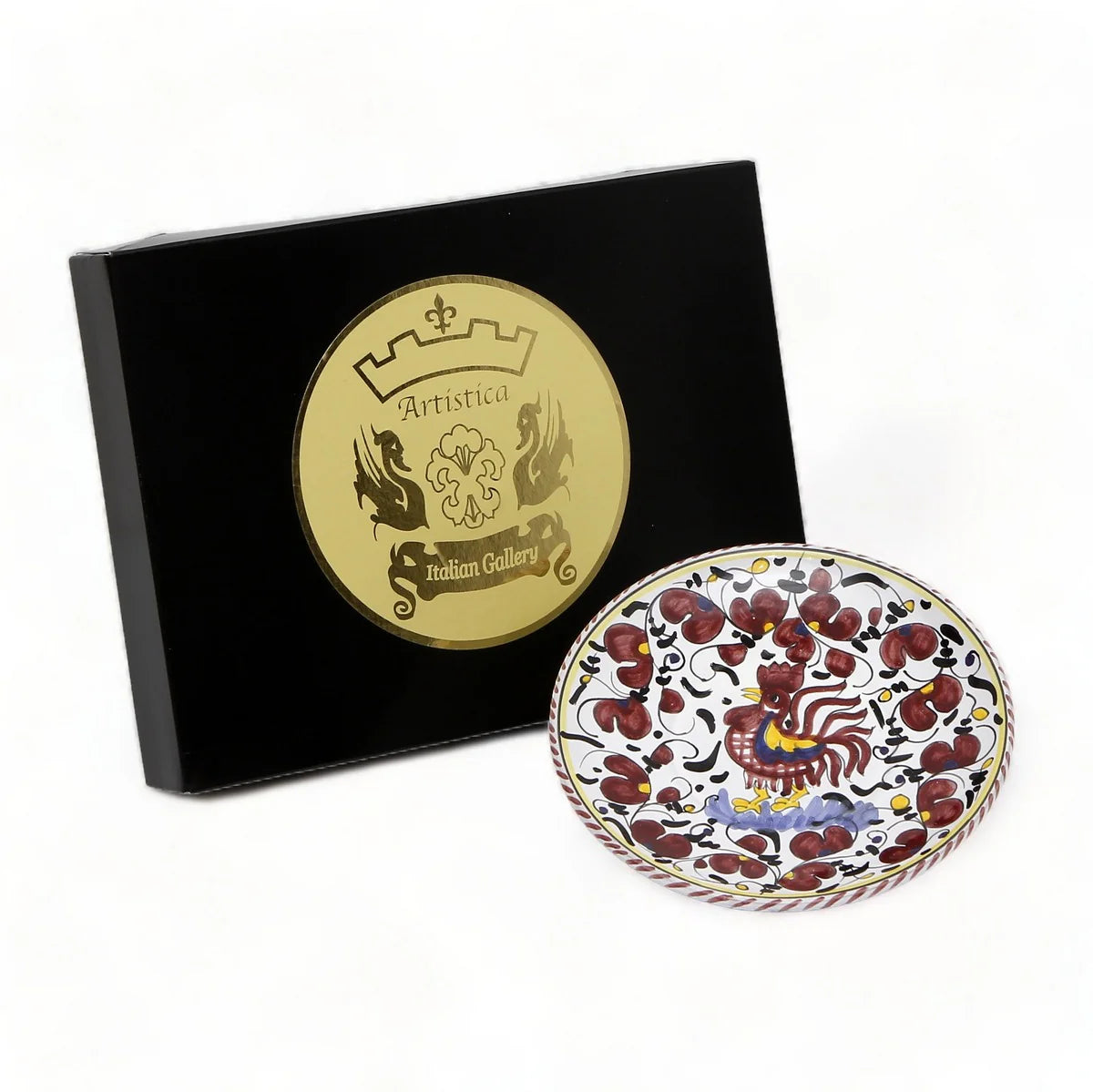 LOVE.ly Deruta Small Round Plate with 12 Baci Perugina - ORVIETO RED ROOSTER design
