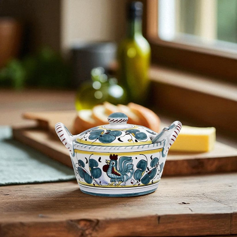 ORVIETO GREEN ROOSTER: Covered Parmesan Cheese Bowl with Spoon