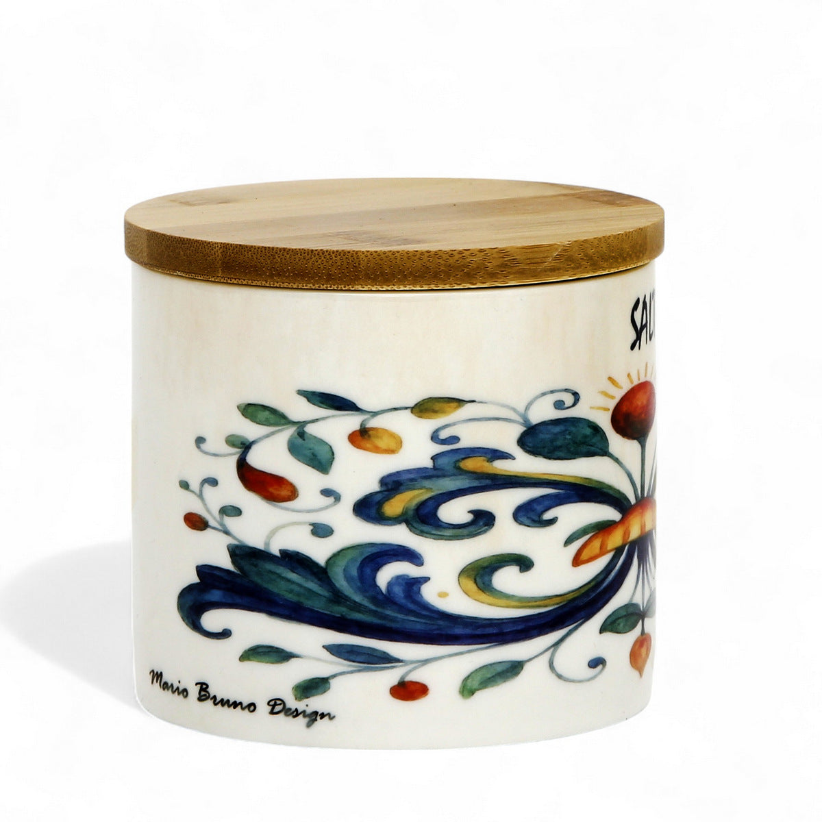 RICCO ITALIA DERUTA: Porcelain storage short jar with sealing bamboo lid Ricco Italia Deruta SALT or SALE script- Mario Bruno Design