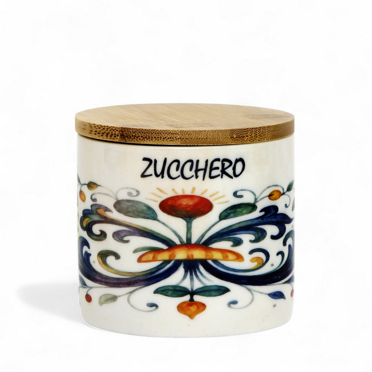 RICCO ITALIA DERUTA: Porcelain storage short jar with sealing bamboo lid Ricco Italia Deruta SUGAR or ZUCCHERO script- Mario Bruno Design