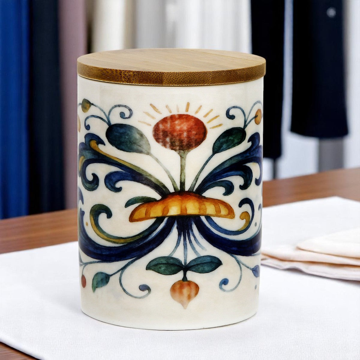 RICCO ITALIA DERUTA: Porcelain storage tall storage jar with sealing bamboo lid Ricco Italia Deruta
