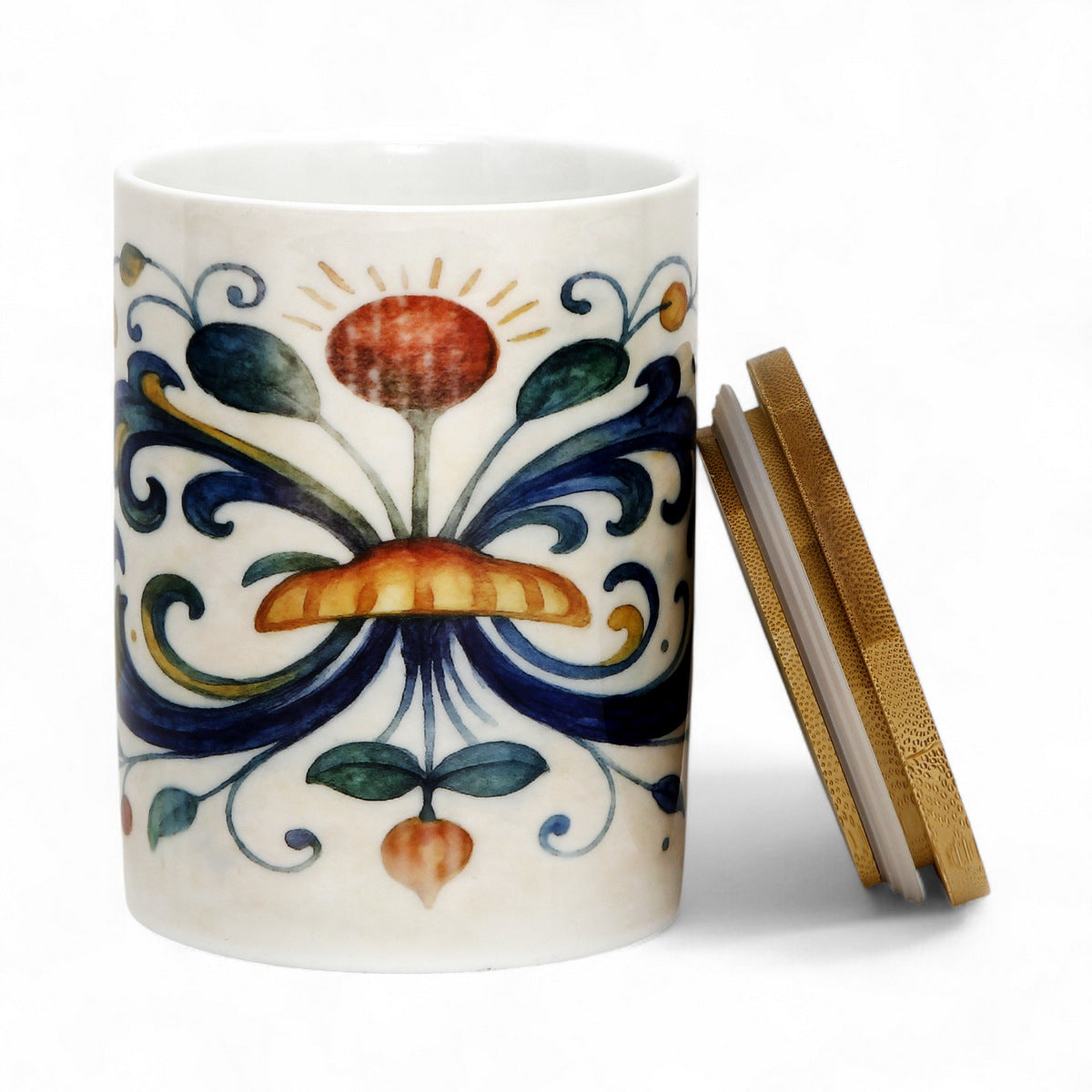 RICCO ITALIA DERUTA: Porcelain storage tall storage jar with sealing bamboo lid Ricco Italia Deruta