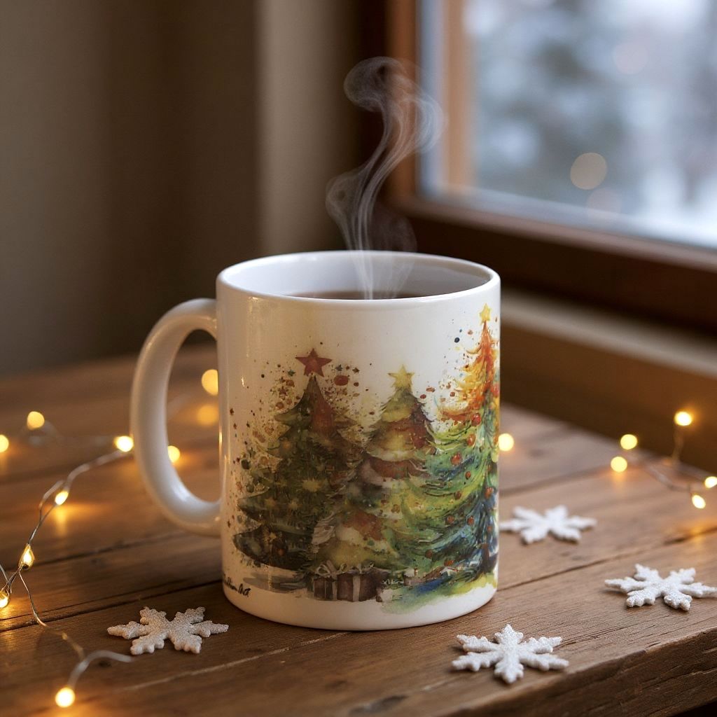 SUBLIMART: Designer Christmas Ceramic Deluxe Mug - Red, Green and White Handles (11 Oz.)