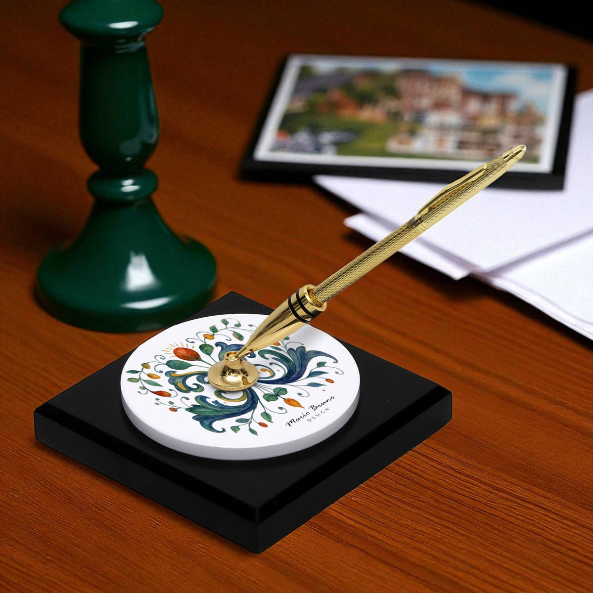 SUBLIMART: Traditional Italian-Inspired Wood/Ceramic Pen Holder with pen (Design 02)