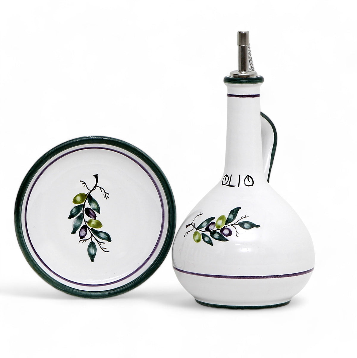 GIFT BOX: With Deruta Olive Oil Dispenser + Saucer/Dipping Bowl + EVOO bottle - OLIVE design