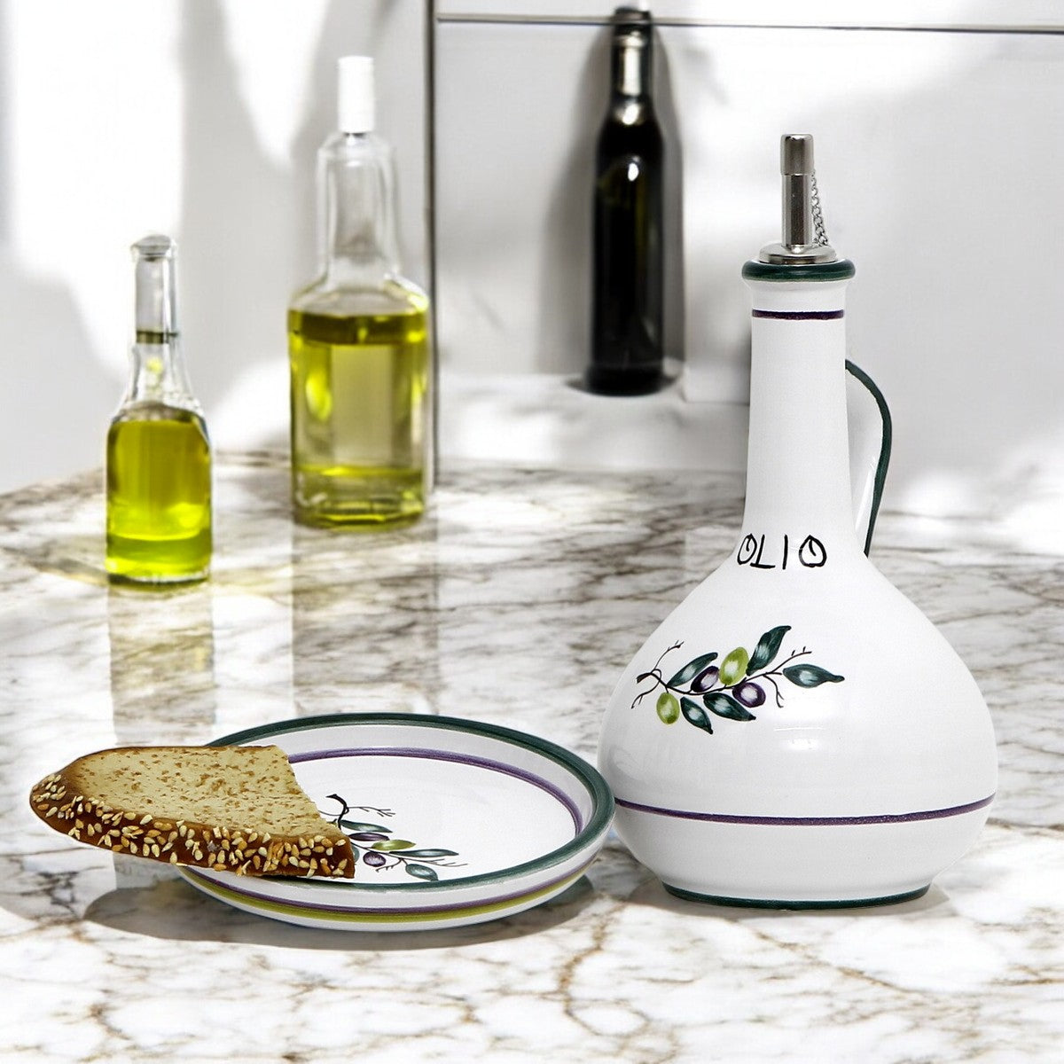 OLIVE: Olive Oil Bottle Dispenser Deluxe with Dipping Bowl Tray