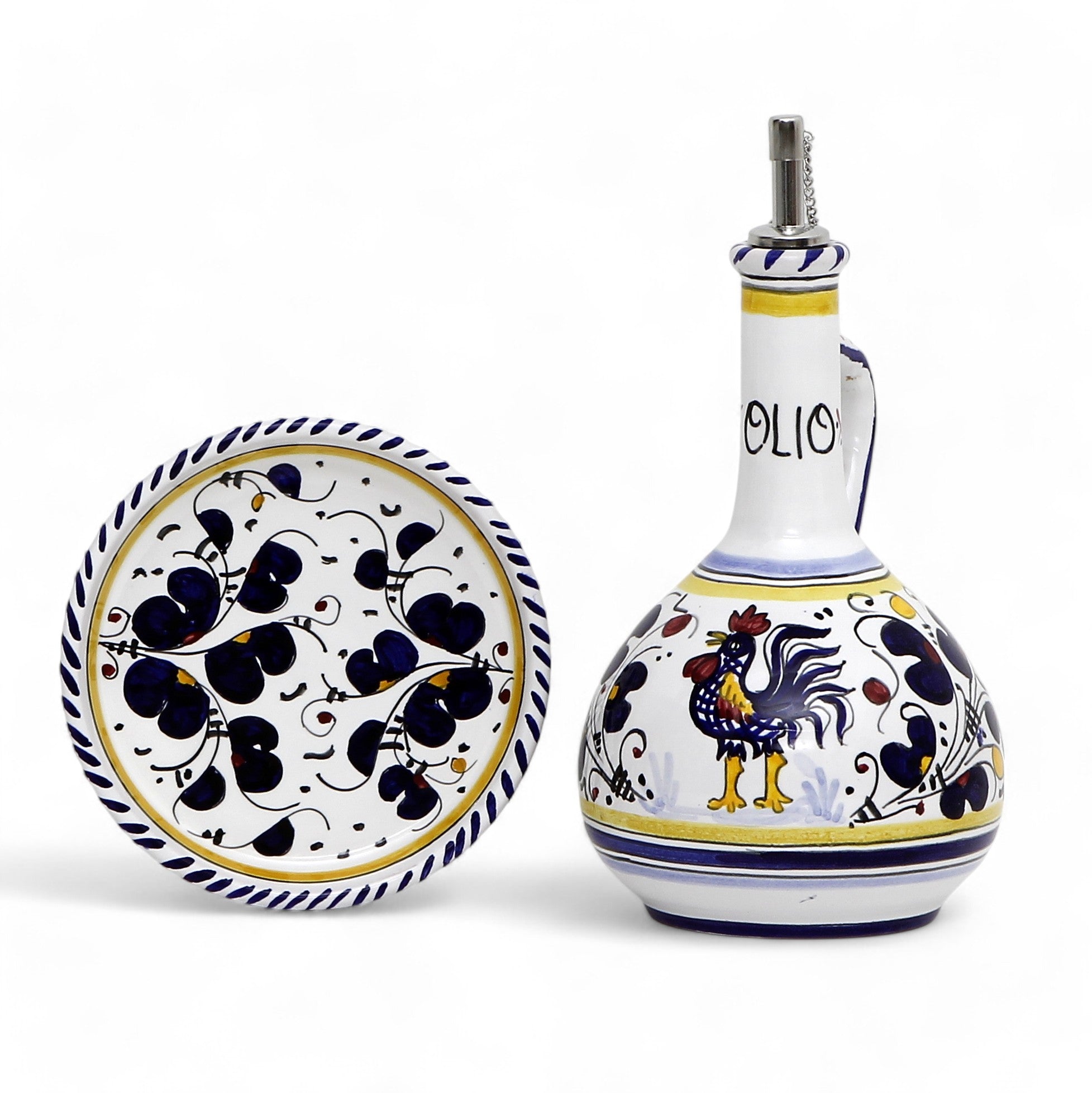 GIFT BOX: With Deruta Olive Oil Dispenser + Saucer/Dipping Bowl + EVOO bottle - BLUE ROOSTER design