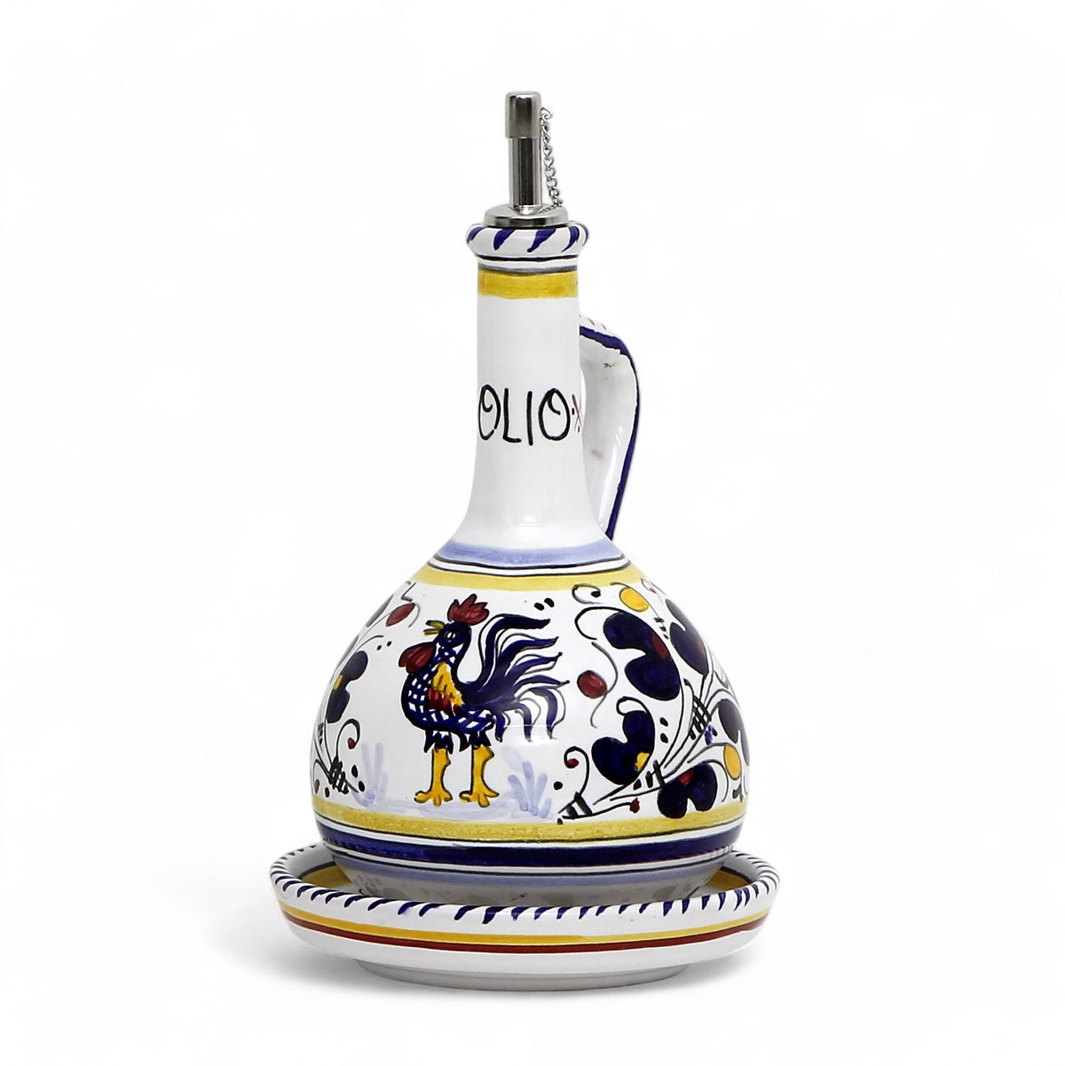 ORVIETO BLUE ROOSTER: Olive Oil Bottle Dispenser Deluxe with Dipping Bowl Tray