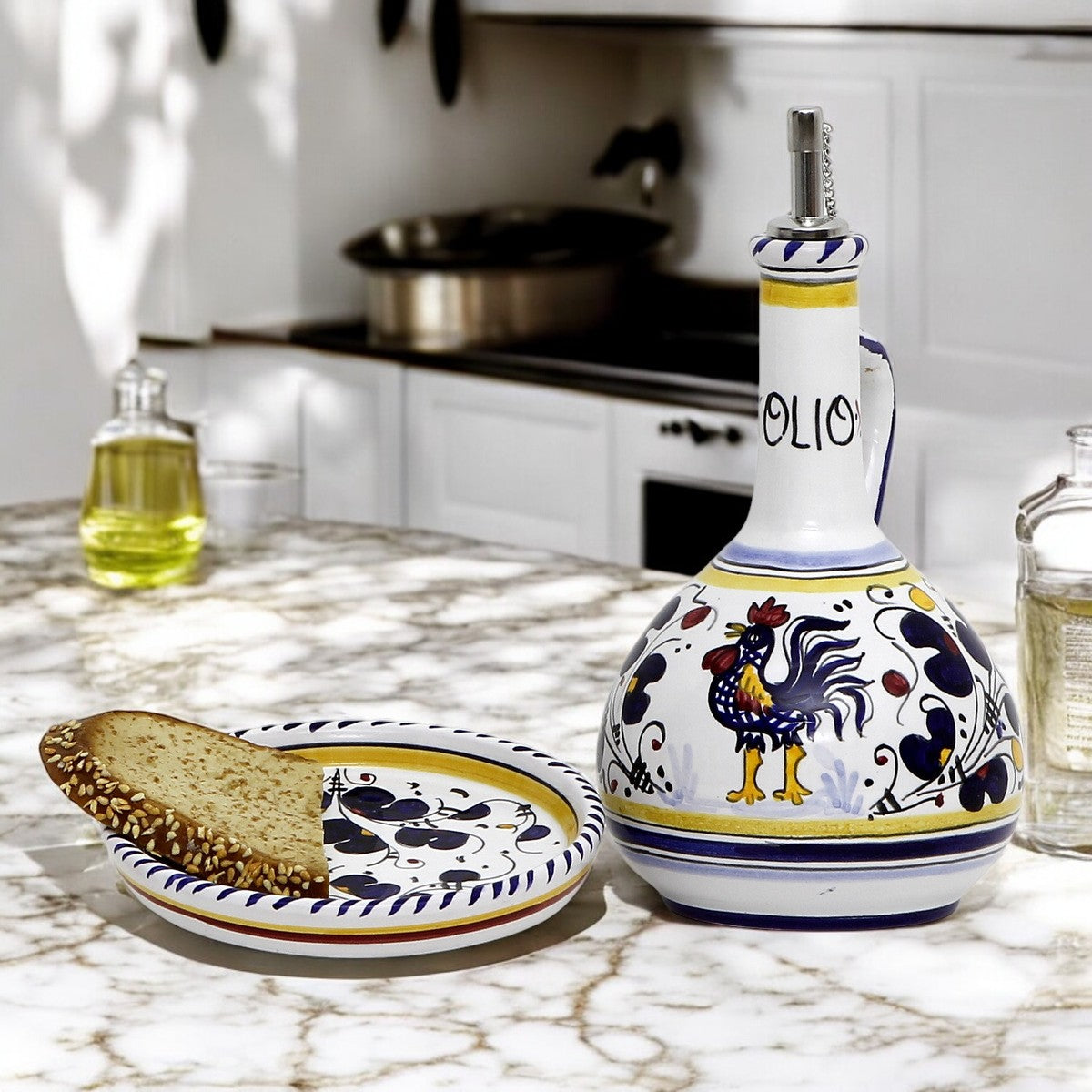 GIFT BOX: With Deruta Olive Oil Dispenser + Saucer/Dipping Bowl + EVOO bottle - BLUE ROOSTER design