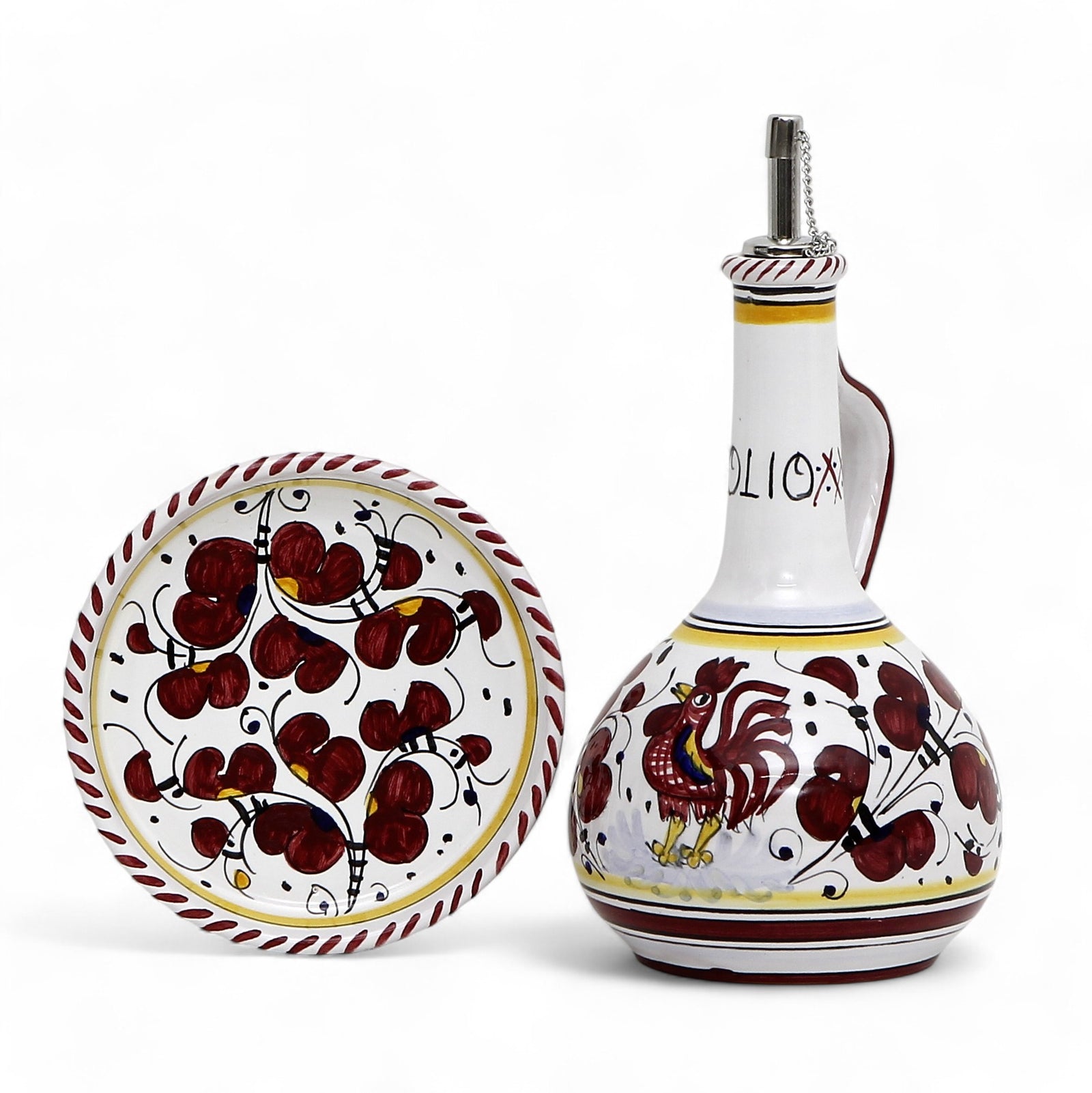 GIFT BOX: With Deruta Olive Oil Dispenser + Saucer/Dipping Bowl + EVOO bottle - RED ROOSTER design