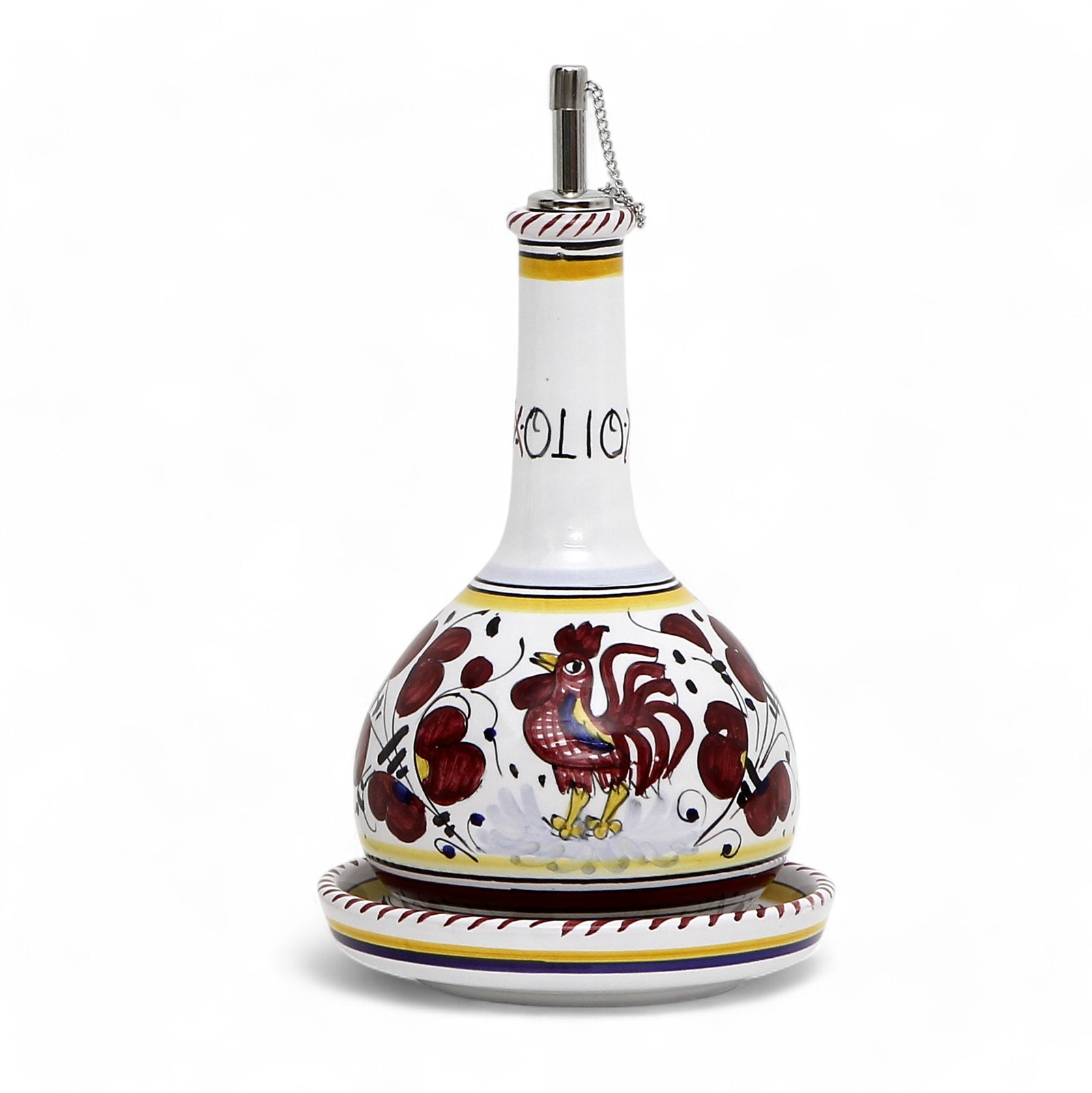 ORVIETO RED ROOSTER: Olive Oil Bottle Dispenser Deluxe with Dipping Bowl Tray