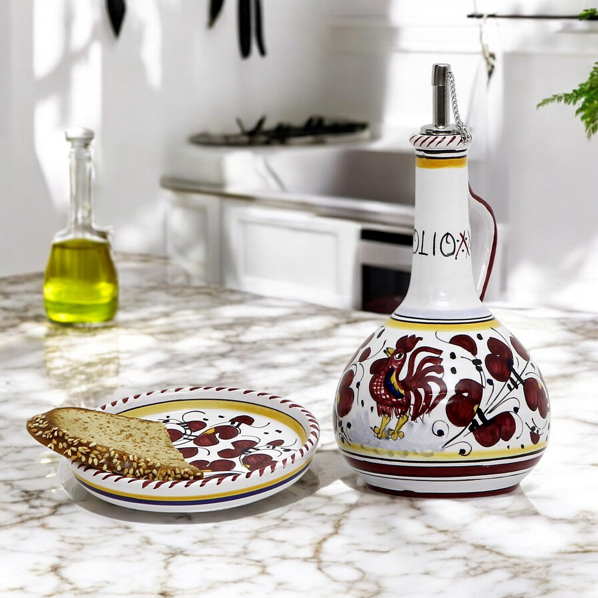 ORVIETO RED ROOSTER: Olive Oil Bottle Dispenser Deluxe with Dipping Bowl Tray