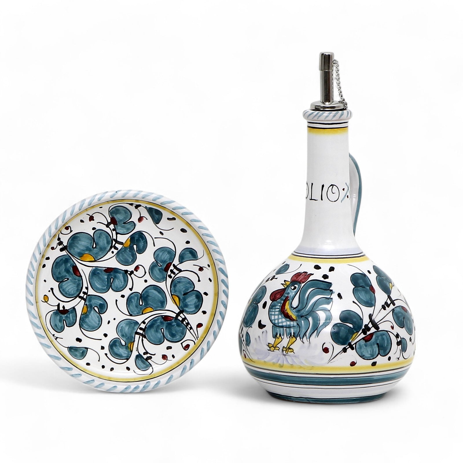 GIFT BOX: With Deruta Olive Oil Dispenser + Saucer/Dipping Bowl + EVOO bottle - GREEN ROOSTER design