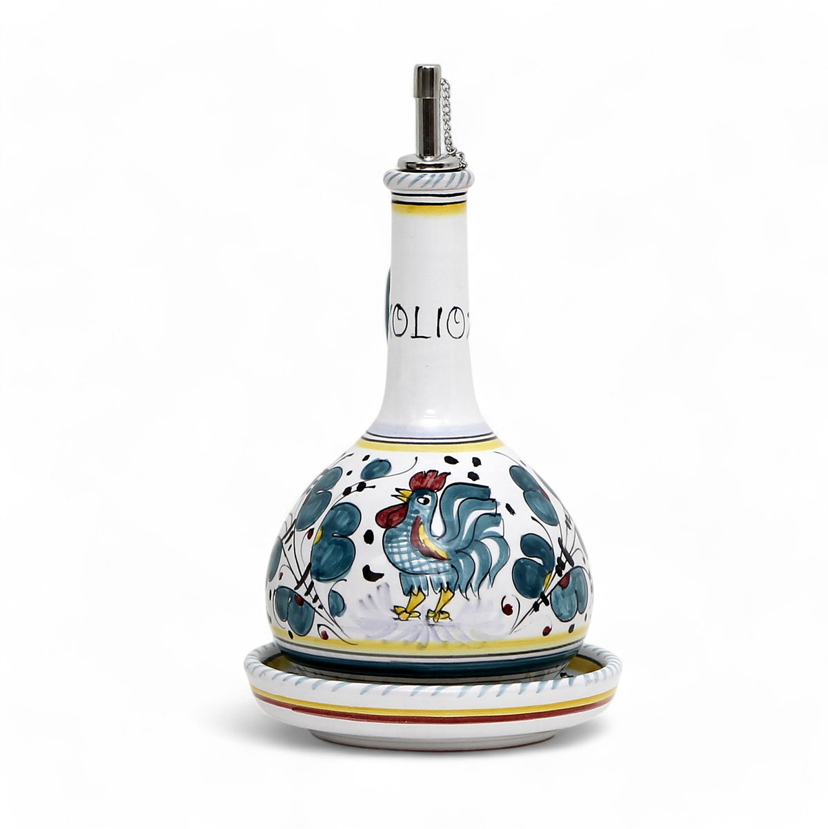 ORVIETO GREEN ROOSTER: Olive Oil Bottle Dispenser Deluxe with Dipping Bowl Tray