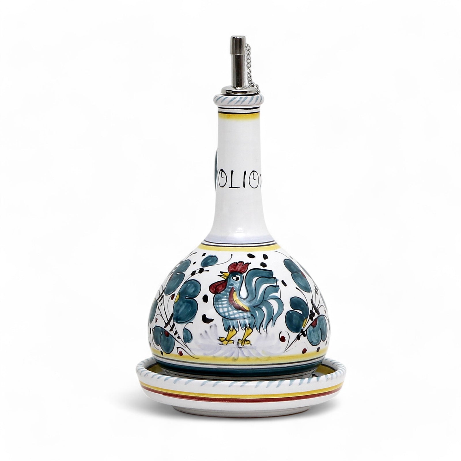 ORVIETO GREEN ROOSTER: Olive Oil Bottle Dispenser Deluxe with Dipping Bowl Tray