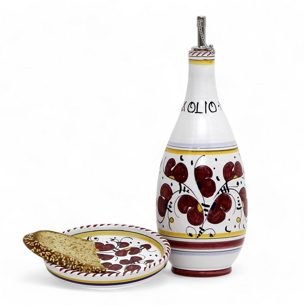GIFT BOX: With Deruta Olive Oil Dispenser + Saucer/Dipping Bowl + EVOO bottle - ORVIETO RED  design