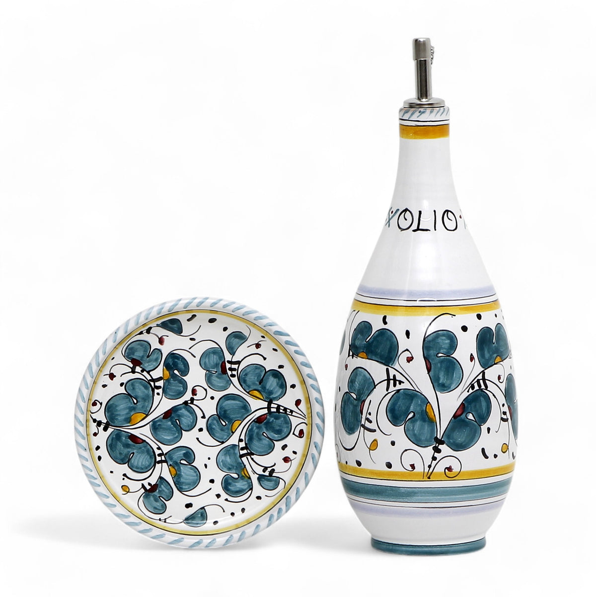 GIFT BOX: With Deruta Olive Oil Dispenser + Saucer/Dipping Bowl + EVOO bottle - ORVIETO GREEN design