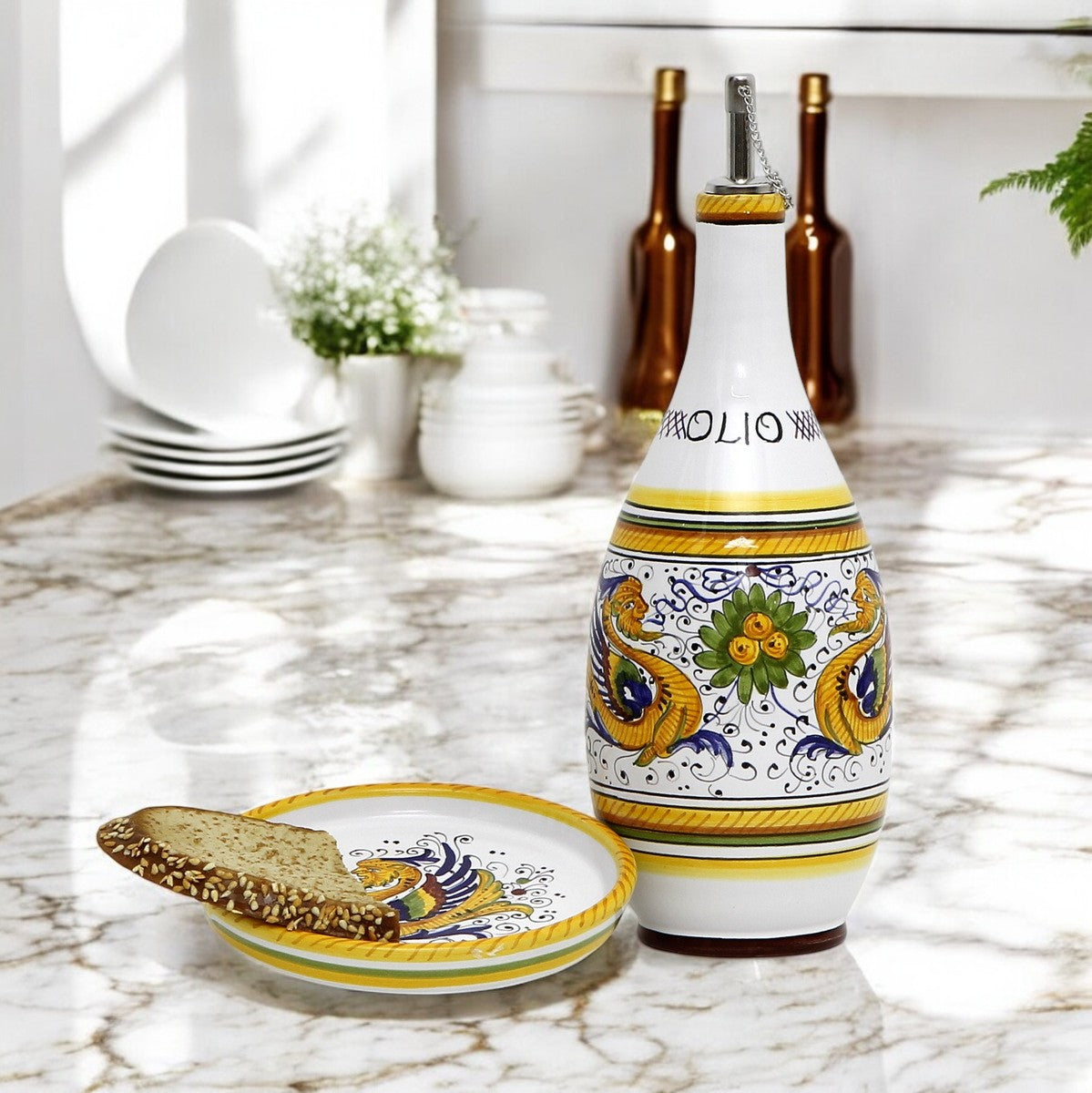 RAFFAELLESCO: Olive Oil Bottle Dispenser with Dipping Bowl/Tray