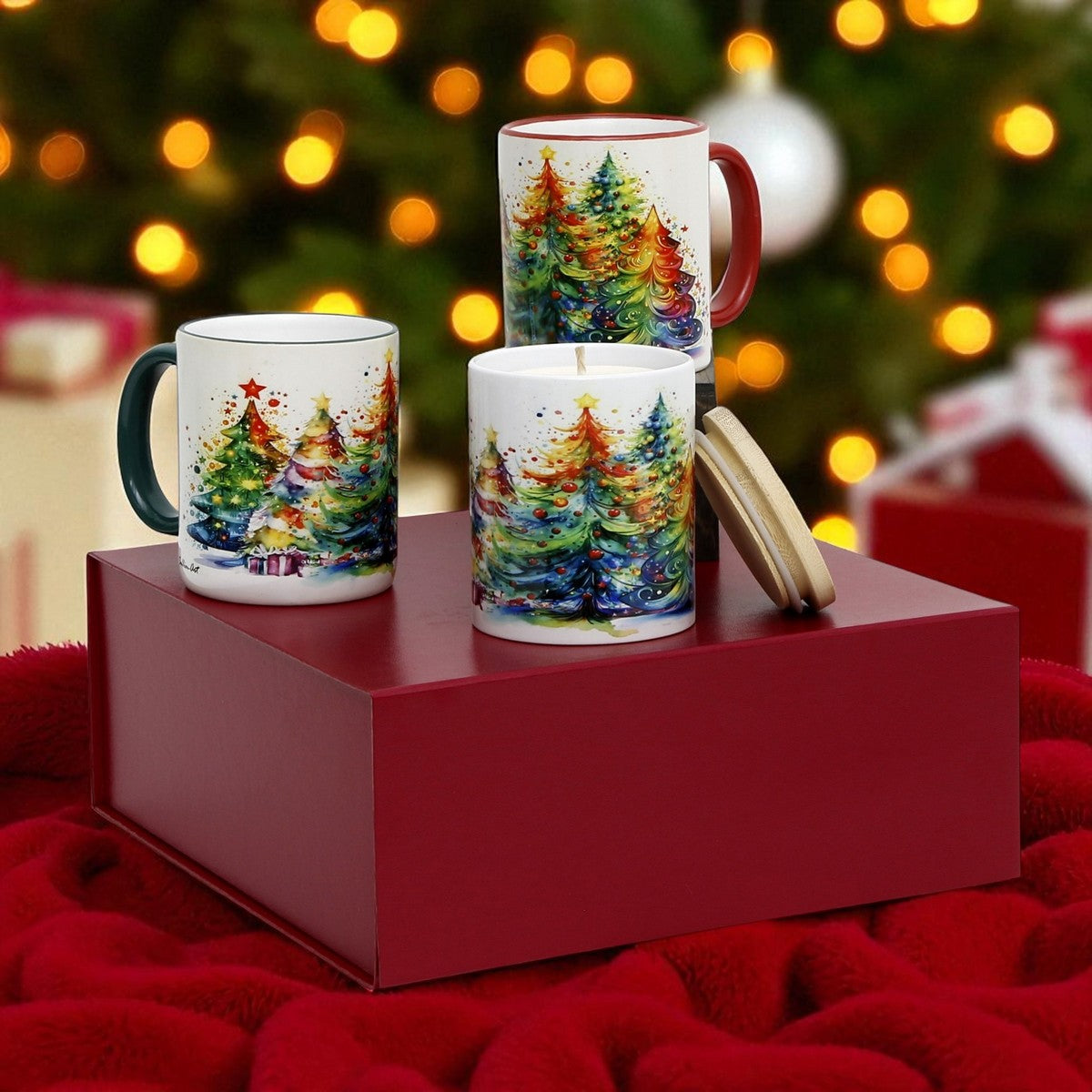 SUBLIMART:  Designer Christmas Ceramic Deluxe Boxed Bundle - 2 Mugs (Red+Green) + 1 Candle