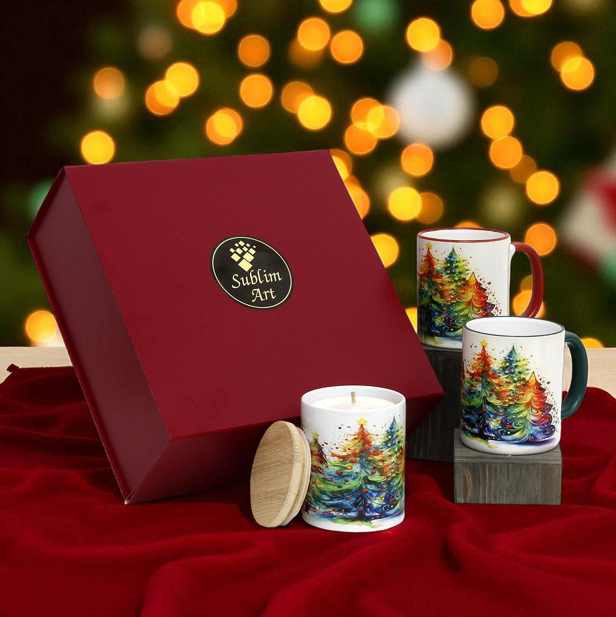 SUBLIMART:  Designer Christmas Ceramic Deluxe Boxed Bundle - 2 Mugs (Red+Green) + 1 Candle