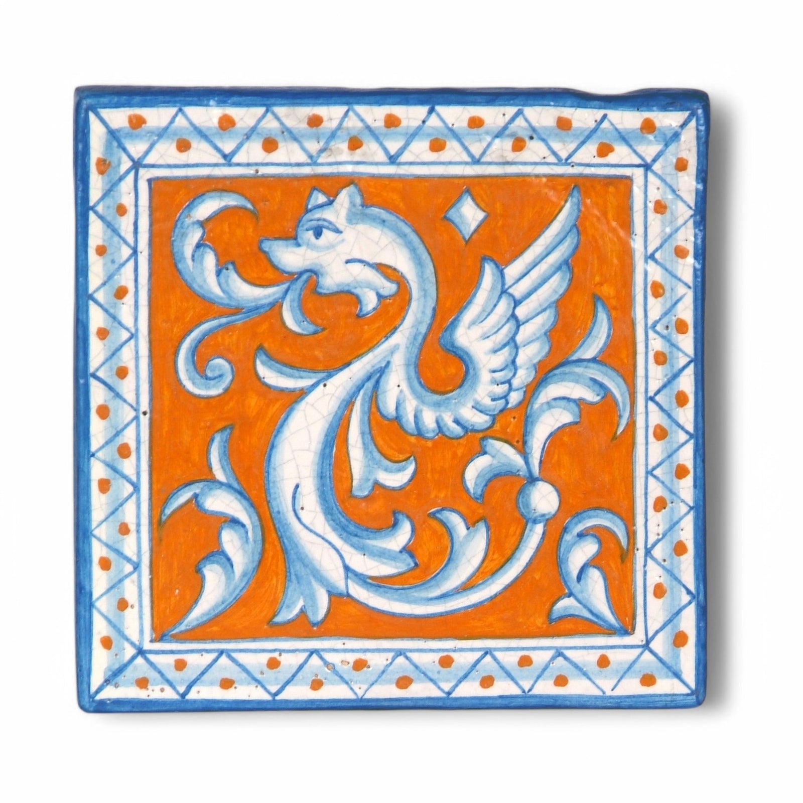 ANTICA DERUTA: Hand Painted Ceramic Authentic Deruta Tile Raffaellesco Fondo Arancio