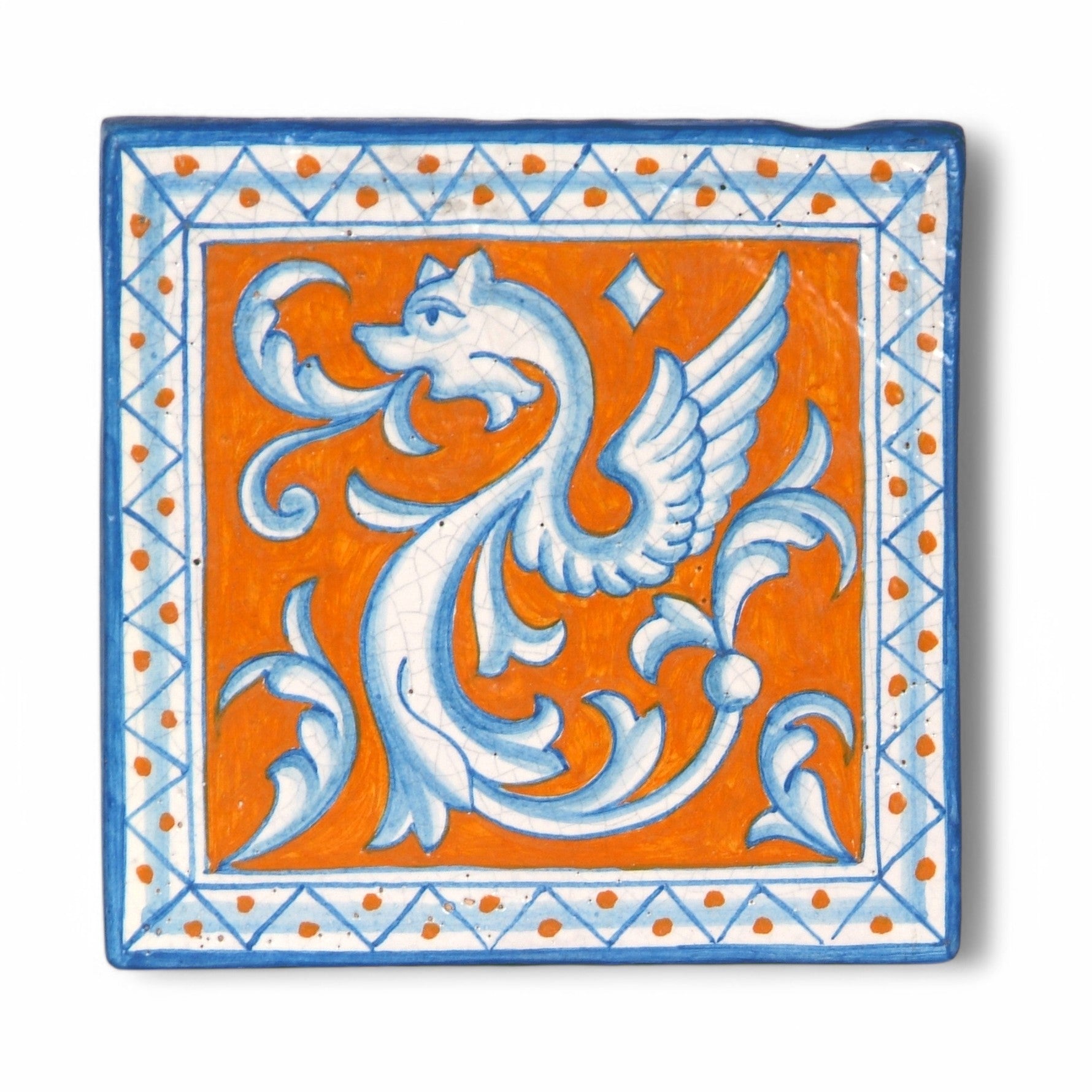 ANTICA DERUTA: Hand Painted Ceramic Authentic Deruta Tile Raffaellesco Fondo Arancio