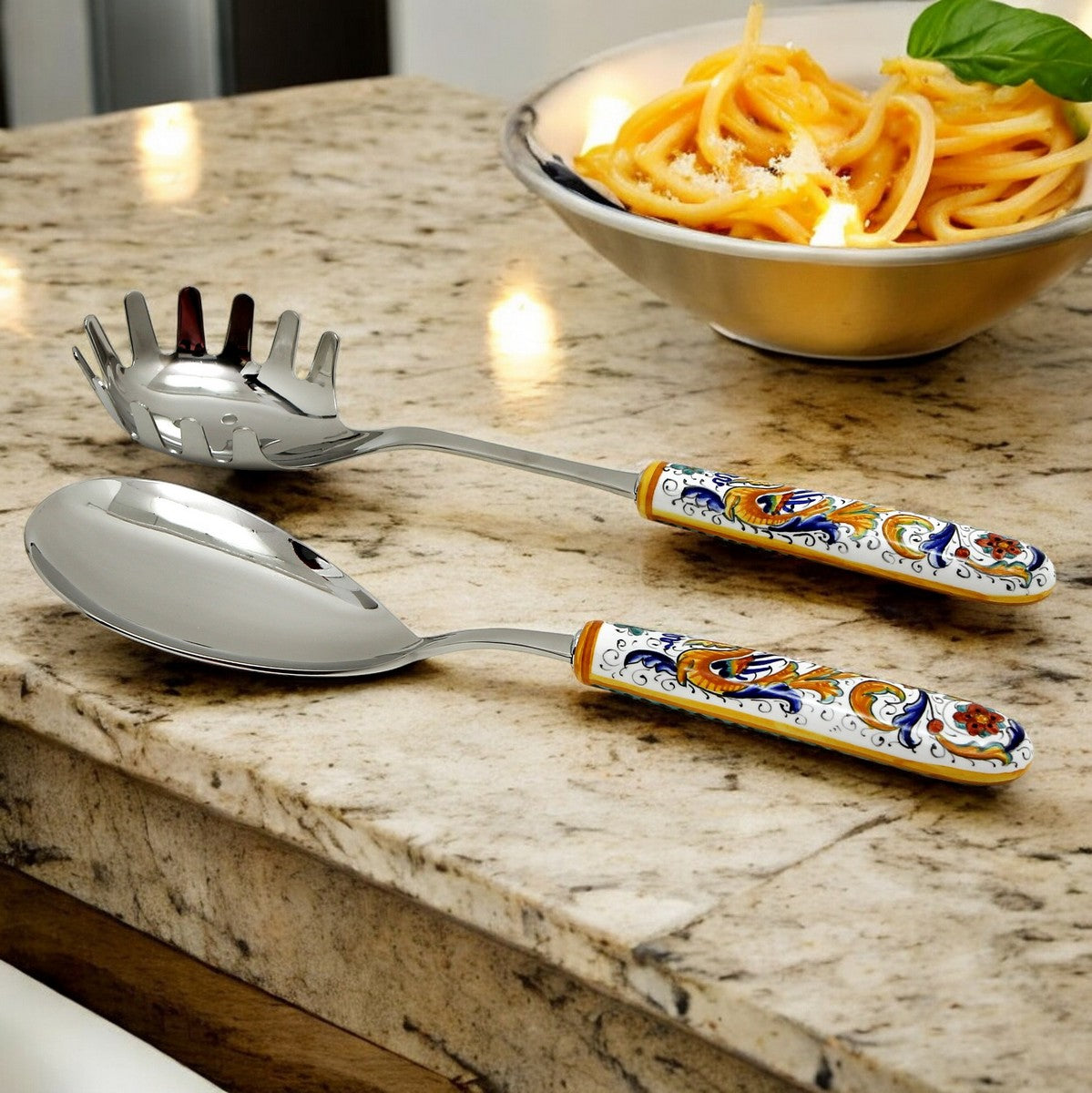 RAFFAELLESCO DELUXE: Ceramic Handle Spaghetti Serving Tong with 18/10 stainless steel cutlery.