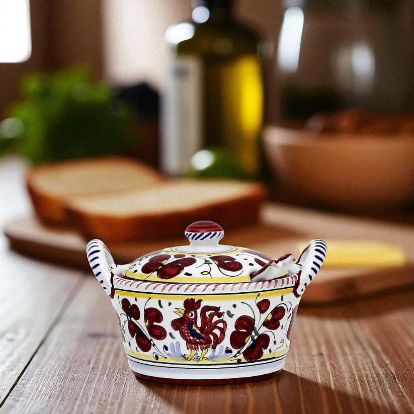 ORVIETO RED ROOSTER: Covered Parmesan Cheese Bowl with Spoon [STRIPED RIM] - artisticaitalian.com