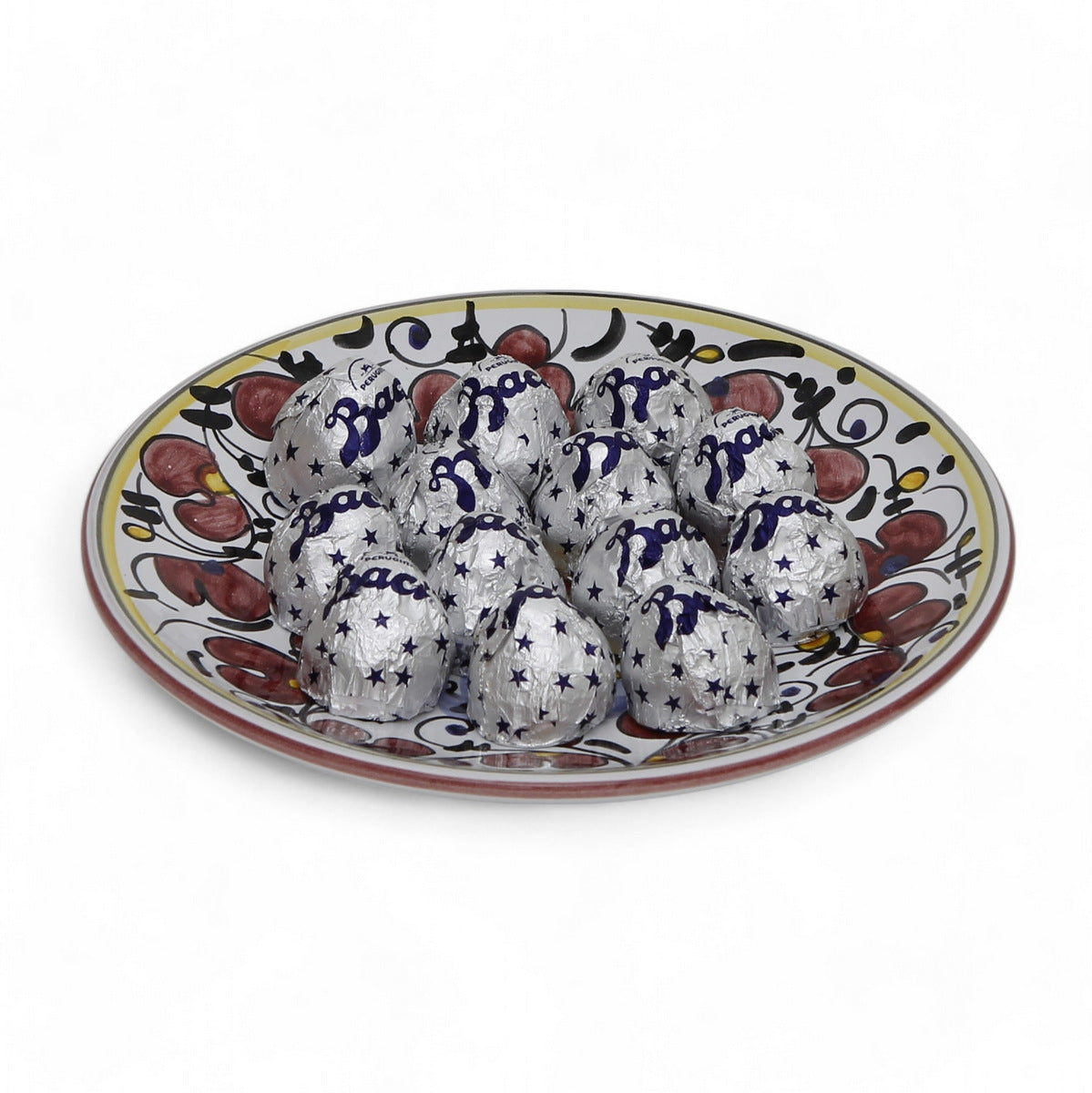 LOVE.ly Deruta Small Round Plate with 12 Baci Perugina - ORVIETO RED ROOSTER design