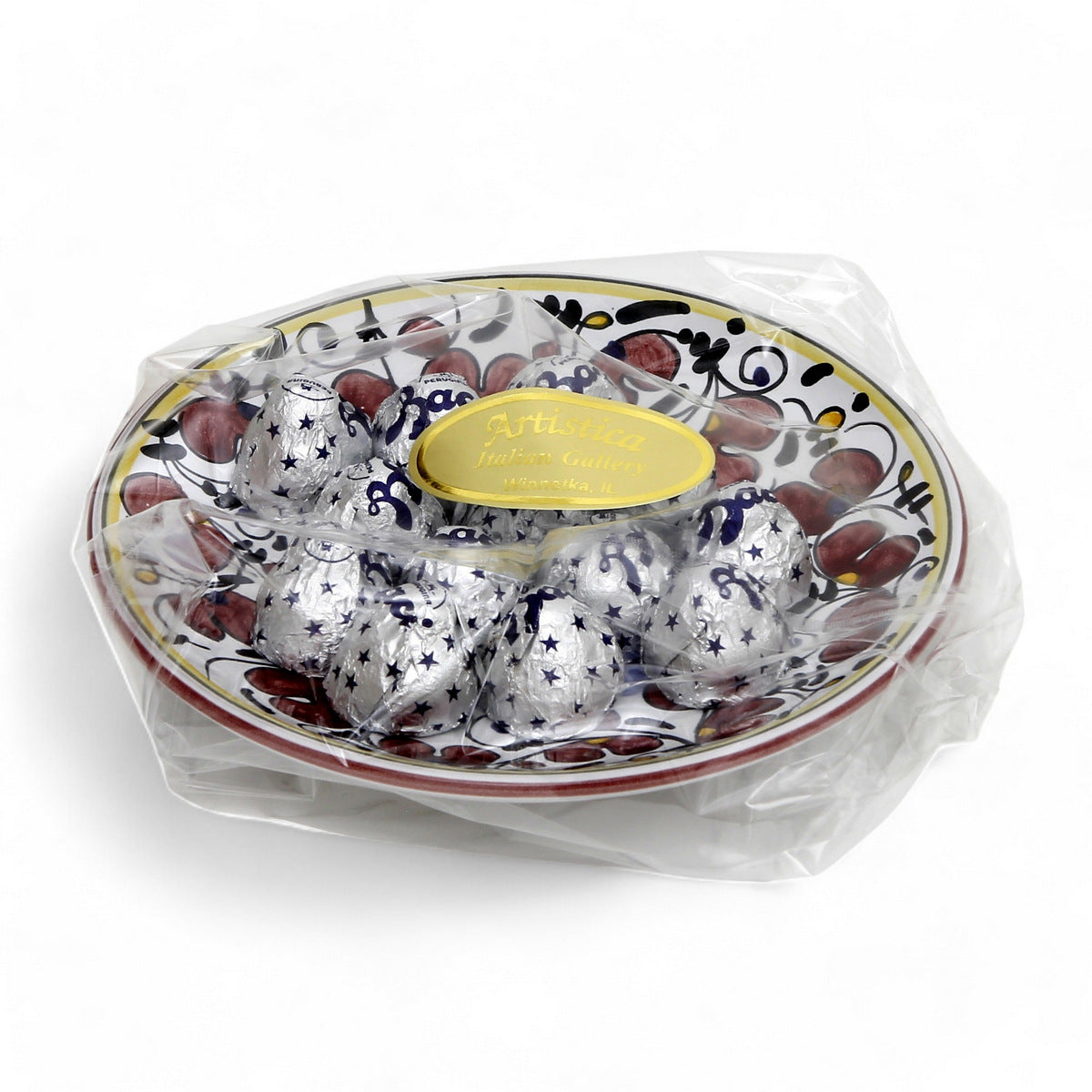 LOVE.ly Deruta Small Round Plate with 12 Baci Perugina - ORVIETO RED ROOSTER design