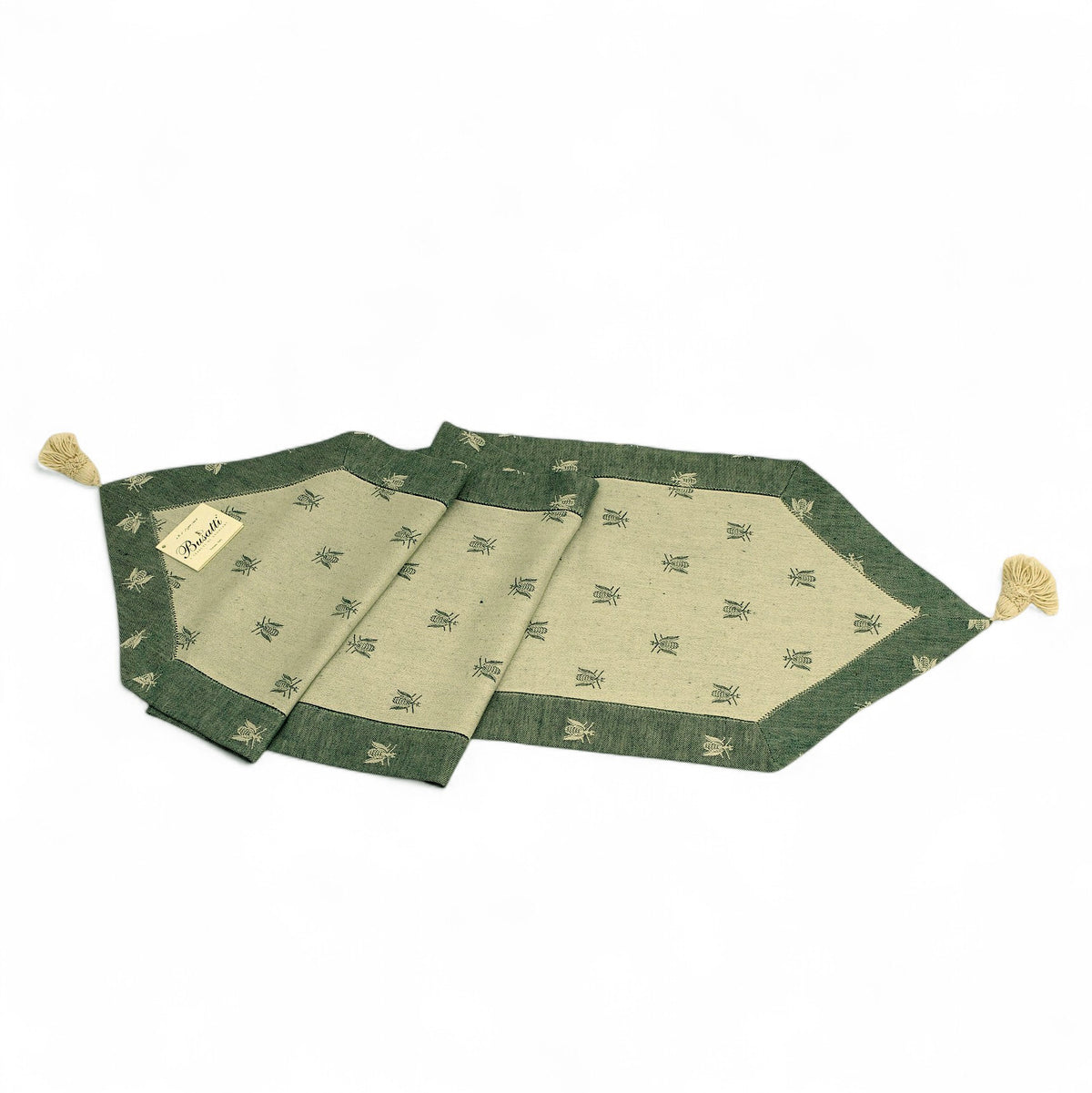 BUSATTI: Runner with tassels (60% Linen and 40% Cotton) GREEN with Bees (Reversible two tones)